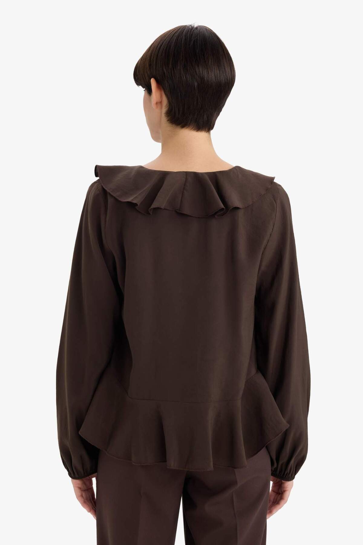 Defacto  Regular Fit V Yaka Modal Volanlı Uzun Kollu Bluz G1971AX25WN - Görsel 6