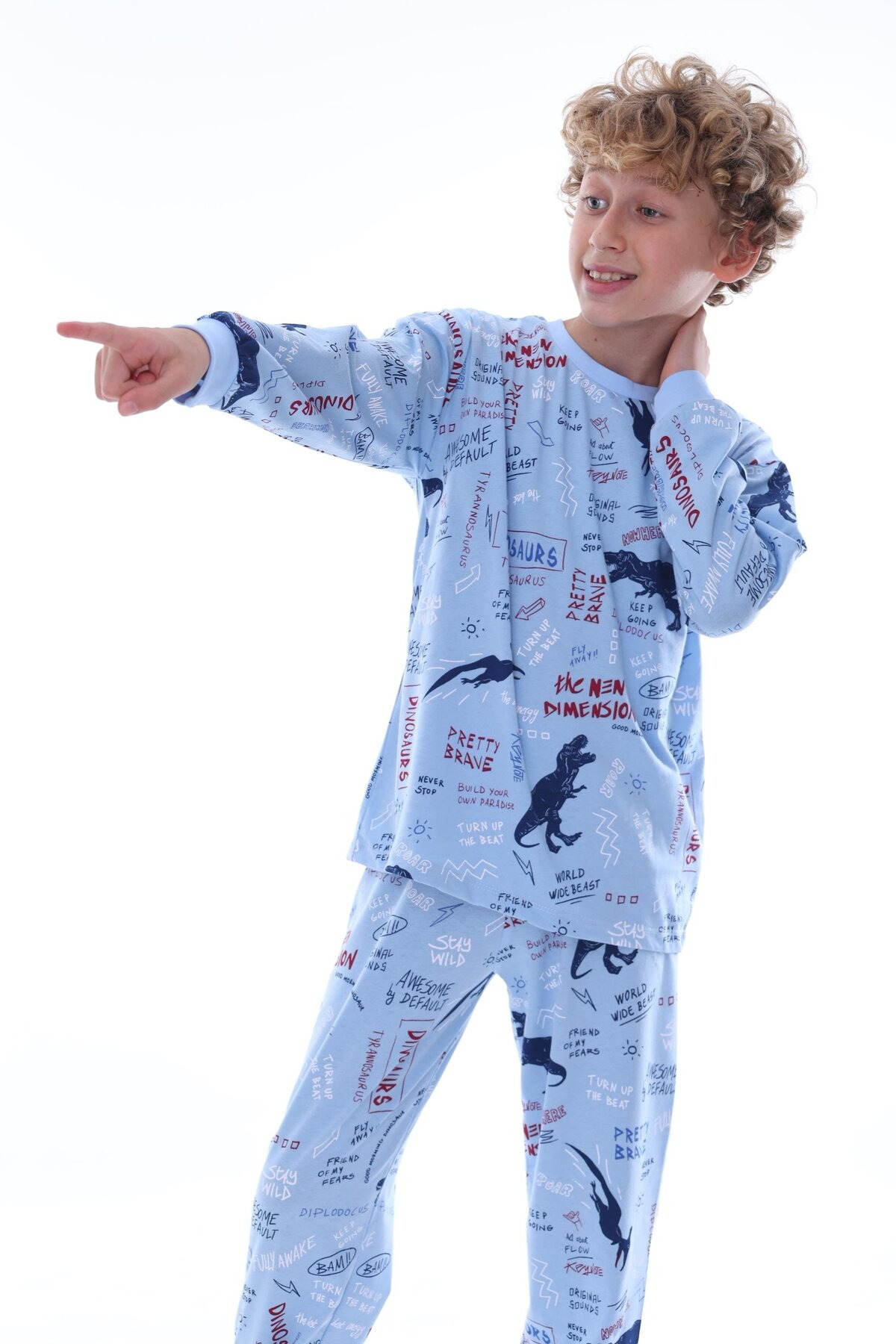 bunny hopp Dinozor Desenli %100 Pamuklu Erkek Çocuk Pijama Takımı - Mavi Penye Mevsimlik Takım fotoğrafı 2 (önizleme)