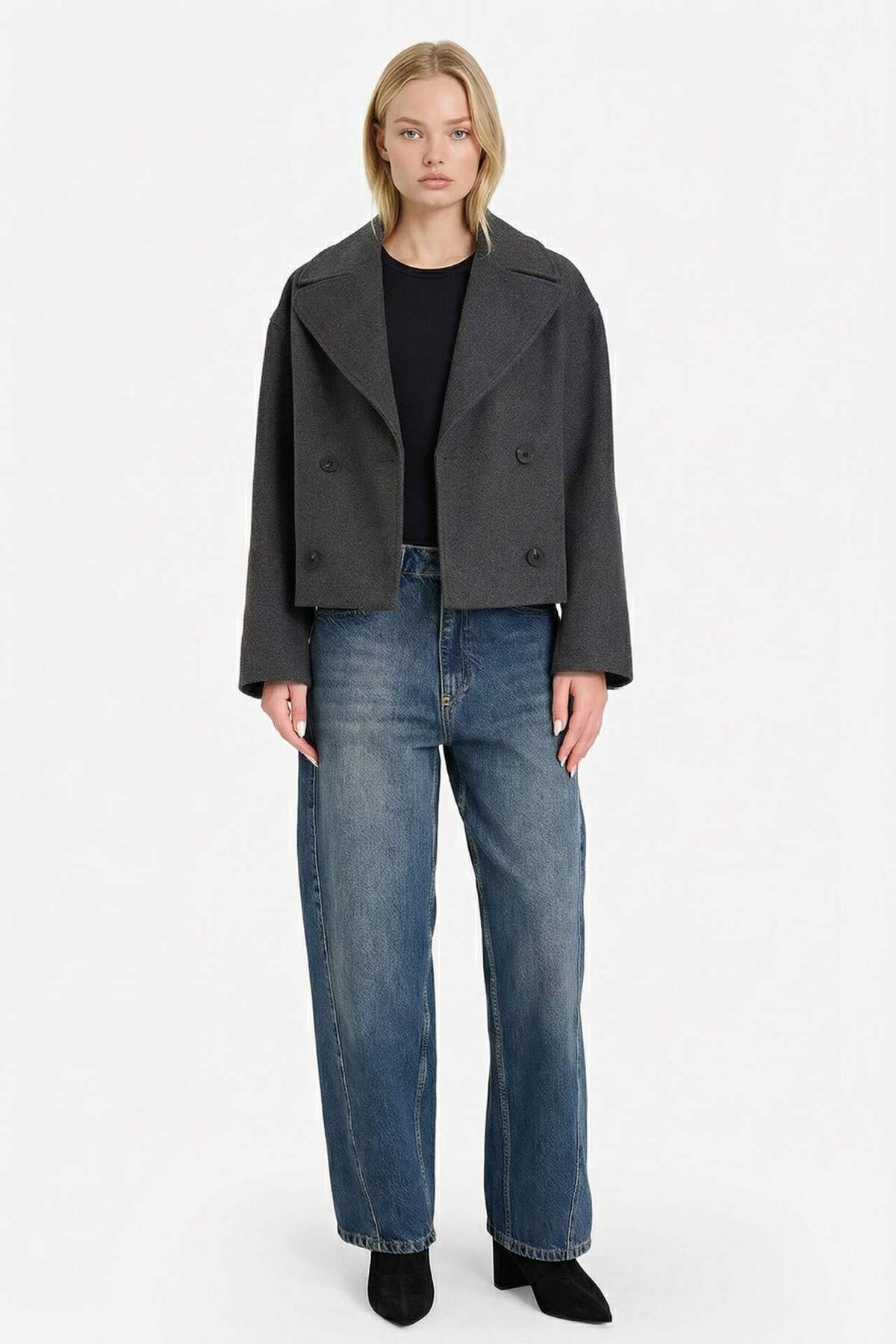 Defacto  Regular Fit Düğmeli Crop Kaşe Kaban E8646AX25AU - Görsel 2