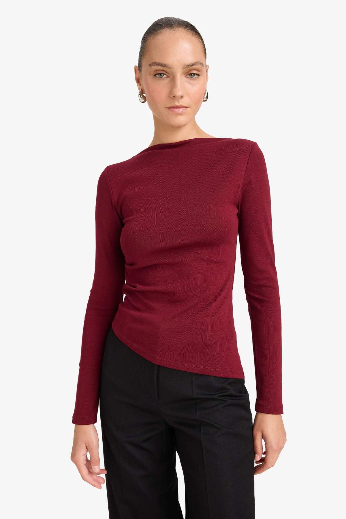 Defacto  Slım Fıt Kayık Yaka Ribana Uzun Kollu Tişört G1581AX25AU - Görsel 3