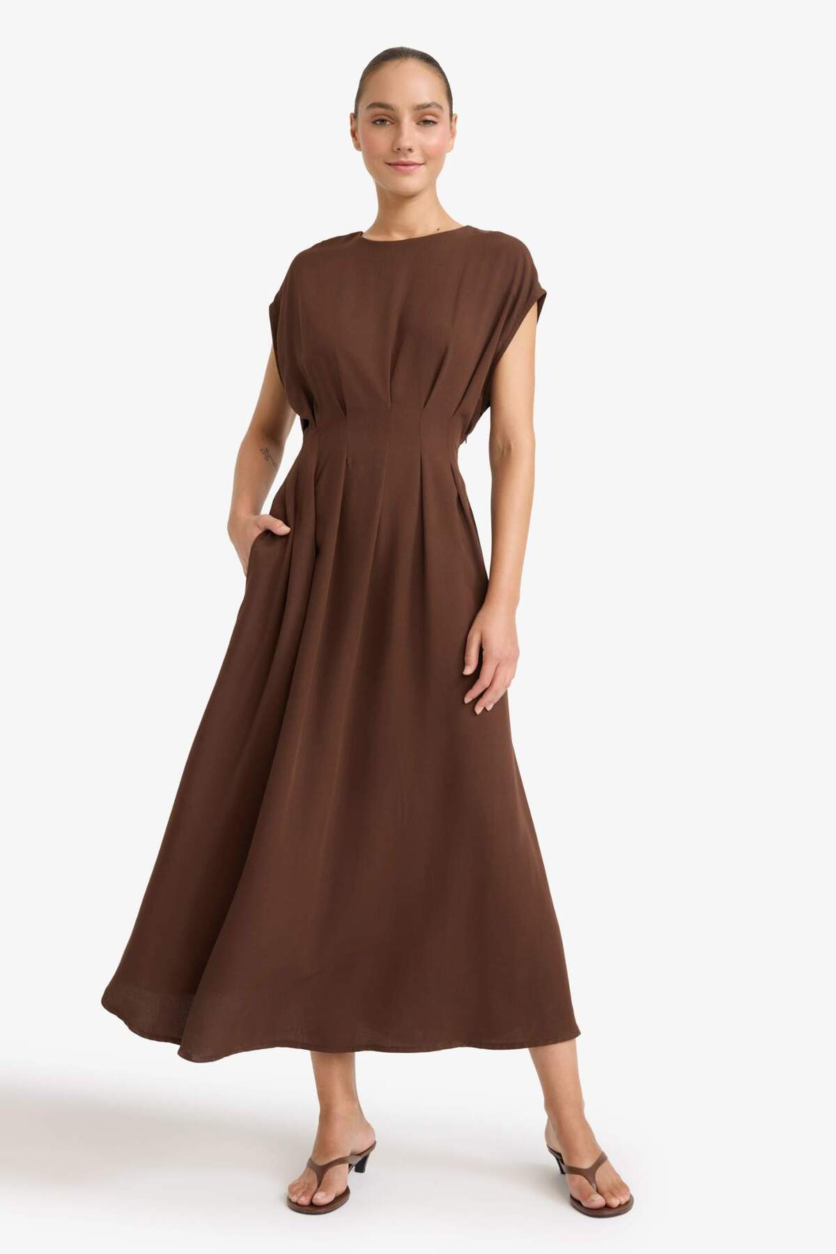 Defacto  Bisiklet Yaka Keten Karışımlı Kısa Kollu Maxi Elbise G1461AX25AU - Görsel 5