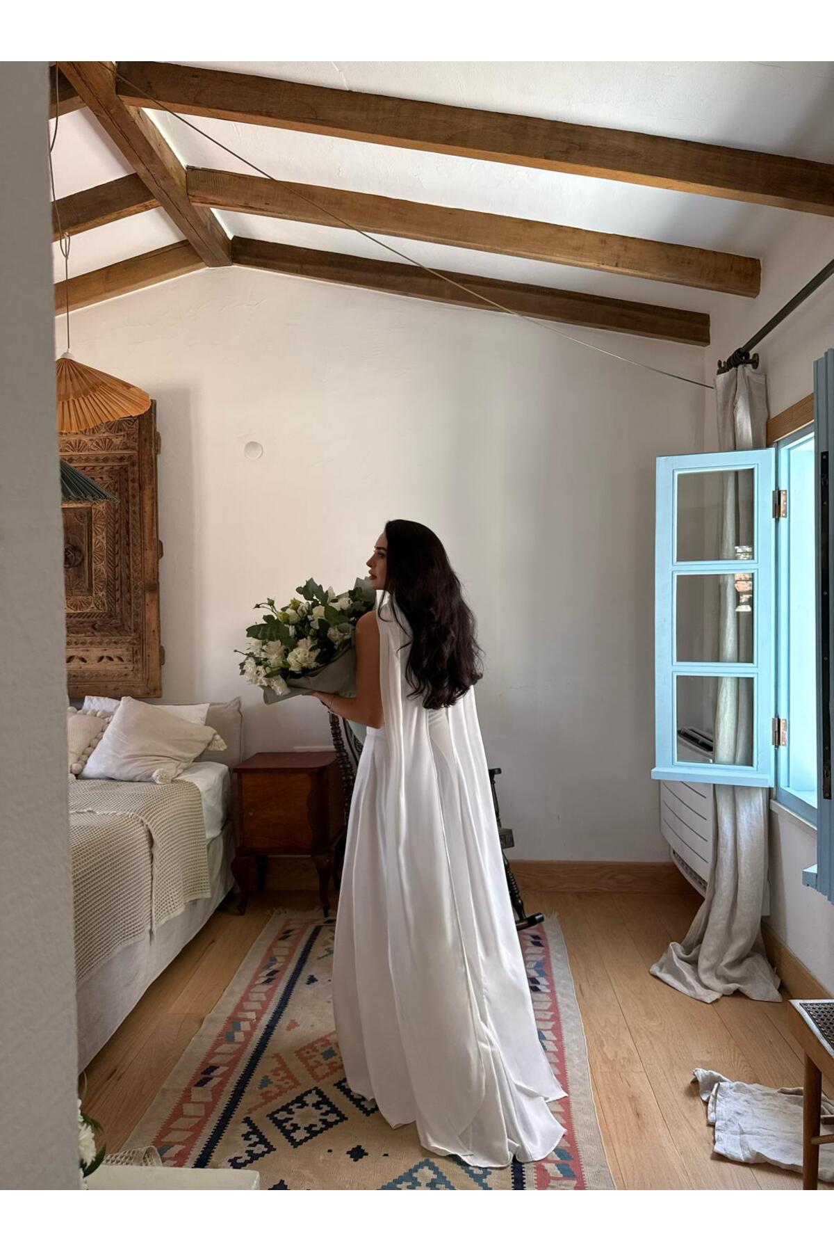 Tavie  İki kuşaklı kolsuz elbise-Beyaz - Görsel 7