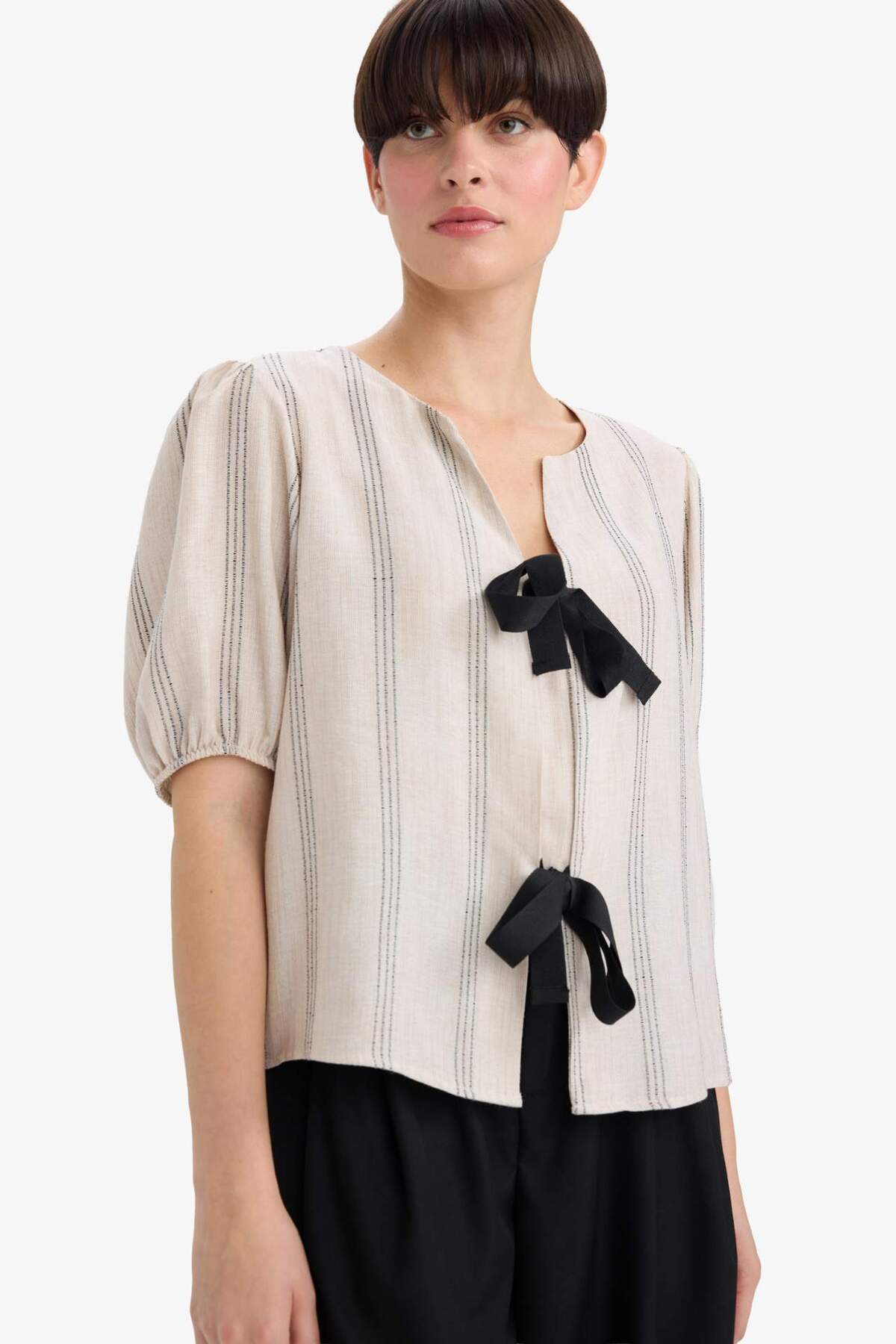 Defacto Regular Fit Crew Neck Linen Blend Tie Front Short Sleeve Blouse G2047Ax25Au