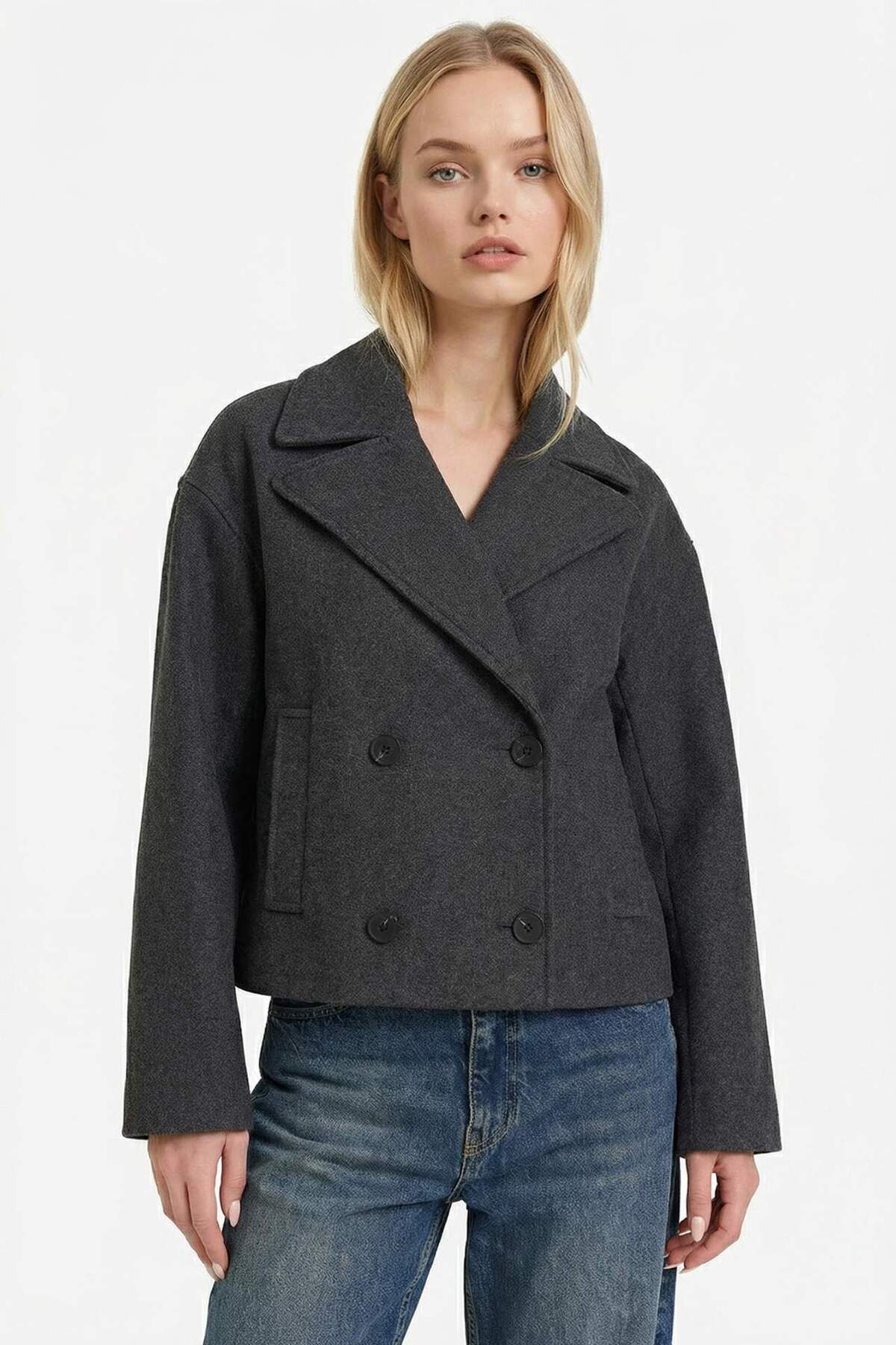 Defacto  Regular Fit Düğmeli Crop Kaşe Kaban E8646AX25AU - Görsel 3