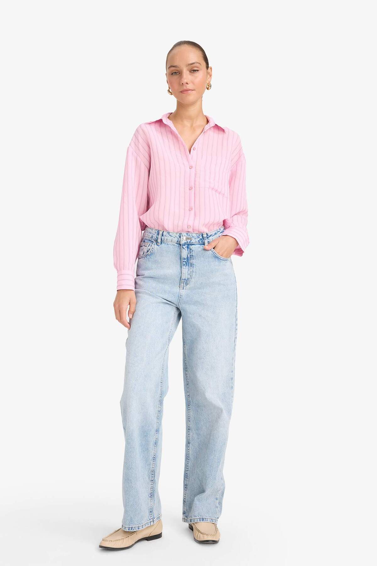 Defacto  Oversize Geniş Kalıp Çizgili Modal Uzun Kollu Gömlek G0044AX25AU - Görsel 2