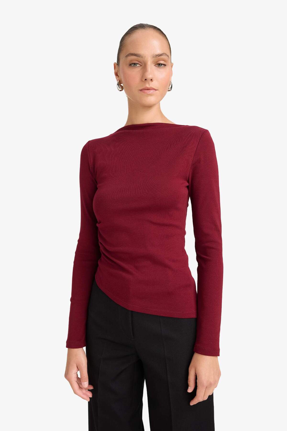 Defacto  Slım Fıt Kayık Yaka Ribana Uzun Kollu Tişört G1581AX25AU