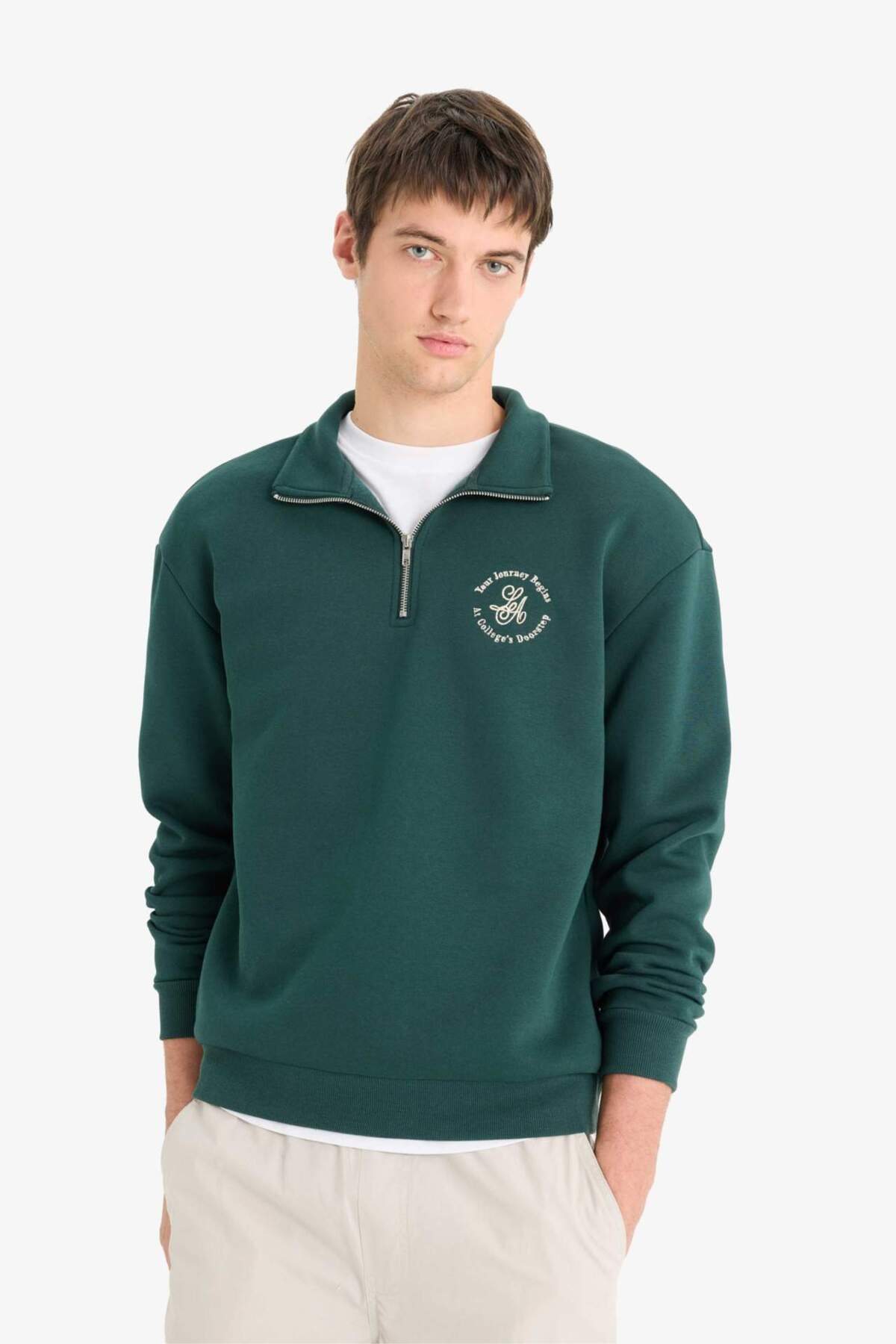 Defacto  Boxy Fit Dik Yaka Fermuarlı Baskılı Sweatshirt E9416AX25AU - Görsel 4