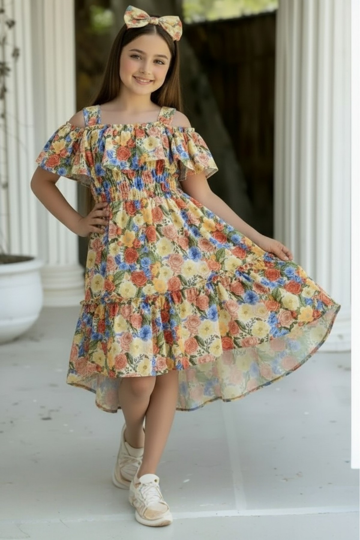 ELAFOR Fırfırlı Madonna Yaka Moss Krep Kumaş Kız Çocuk Çiçekli Elbise(1 YAŞ BÜYÜK ALINIZ)-bayramlık fotoğrafı 7 (önizleme)