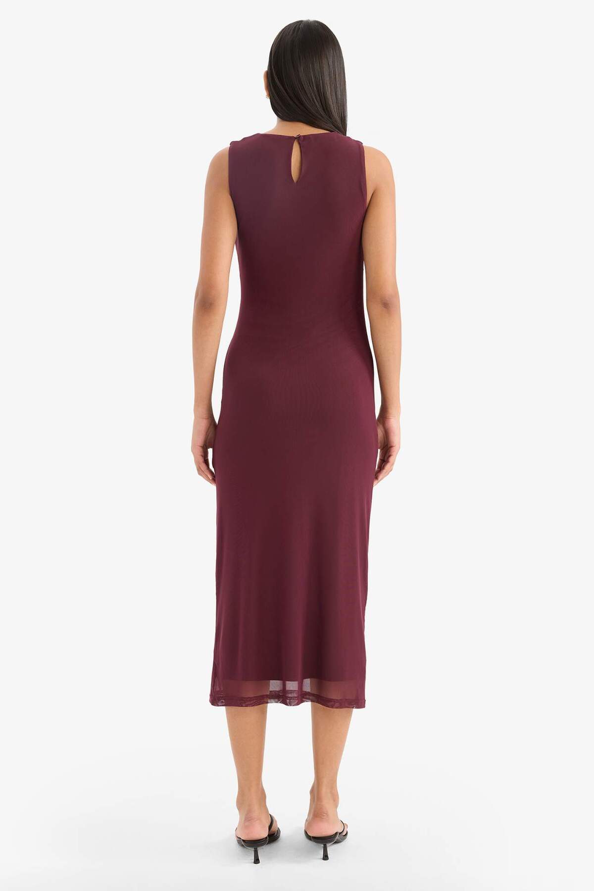 Defacto  Bodycon Vücudu Saran Yuvarlak Yaka Tül Kolsuz Midi Elbise D8036AX25AU - Görsel 7