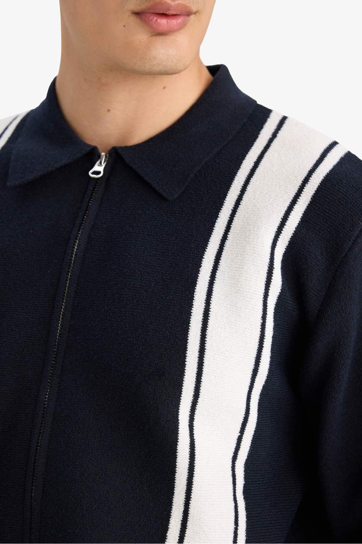 DeFacto Standart Fit Polo Yaka Fermuarlı Çizgili Triko Hırka F4981AX25AU görsel 6
