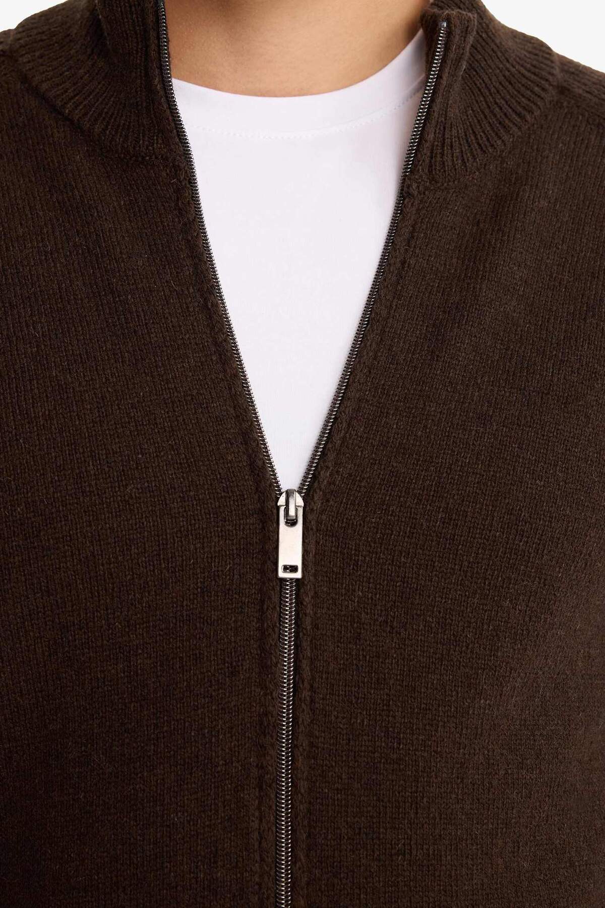 Defacto  Standart Fit Dik Yaka Fermuarlı Yün Karışımlı Triko Hırka F2983AX25WN - Görsel 5