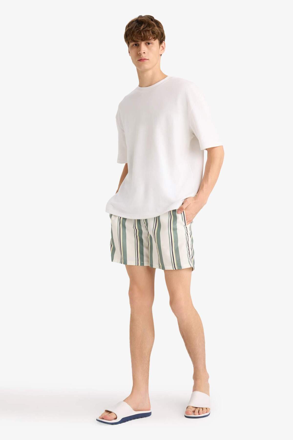 Defacto Striped Mesh Lined Microfiber Short Length Khaki Swim Shorts G0177Ax25Hs