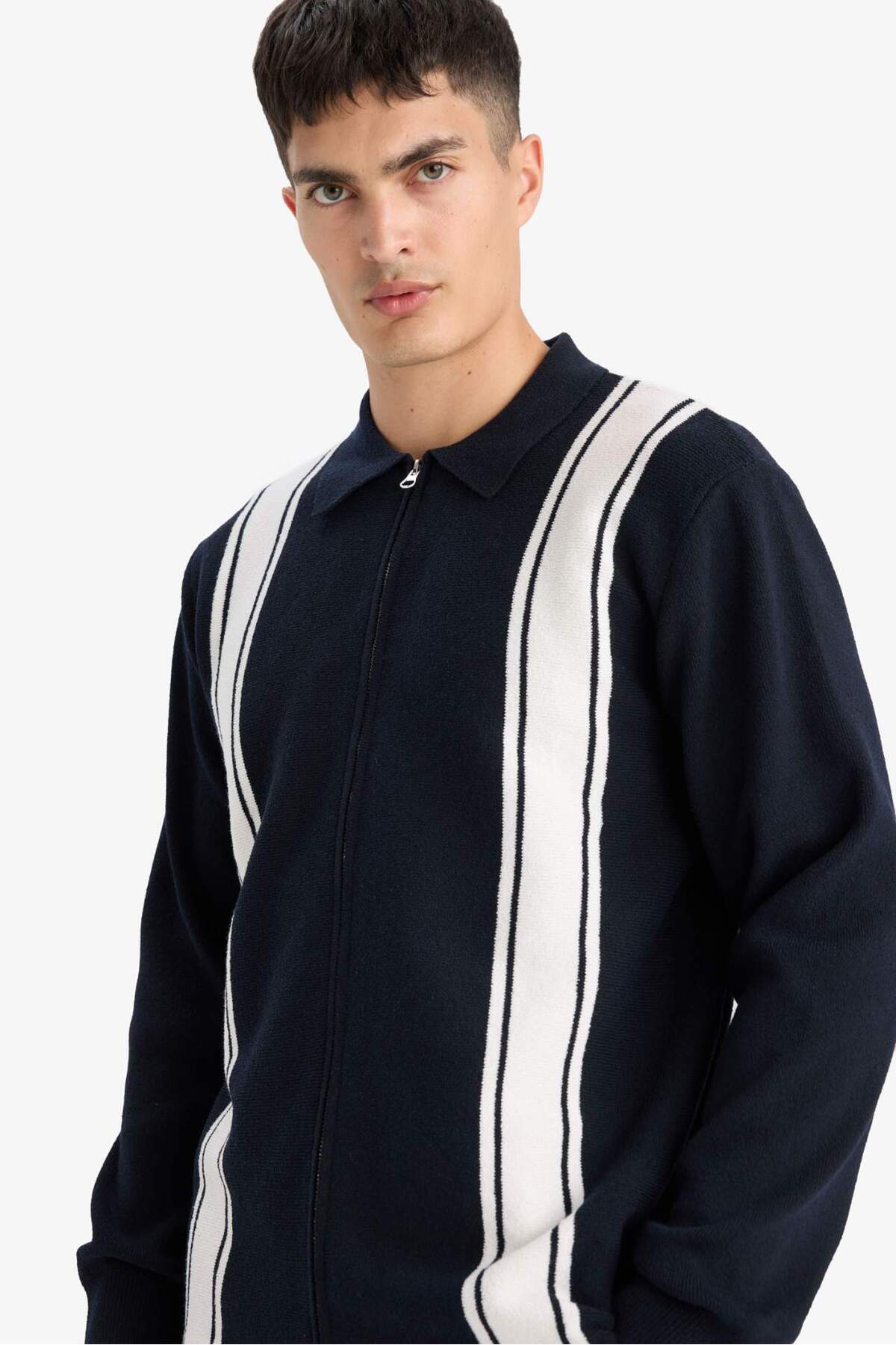 DeFacto Standart Fit Polo Yaka Fermuarlı Çizgili Triko Hırka F4981AX25AU görsel 5