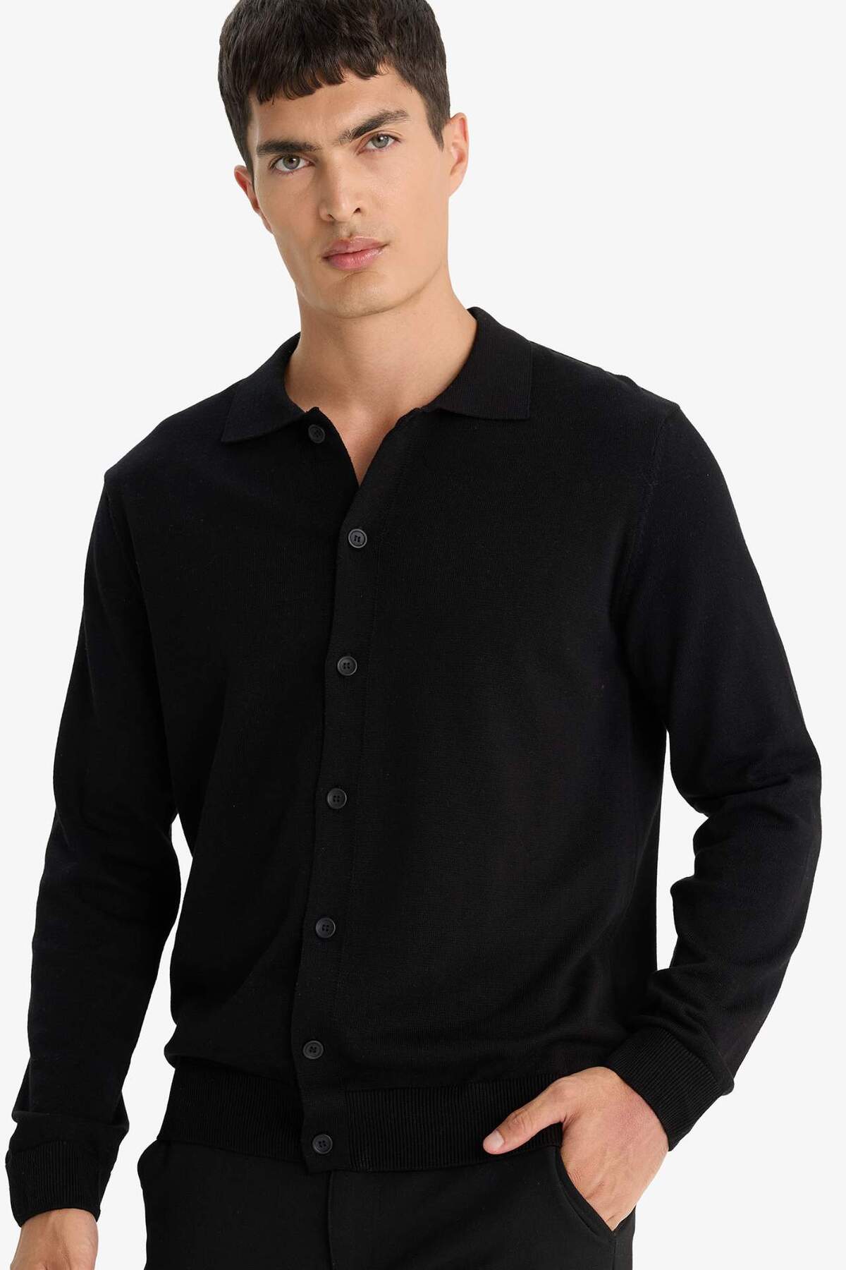DeFacto %100 Pamuk Standart Fit Polo Yaka Triko Hırka F5863AX25WN — مشکی