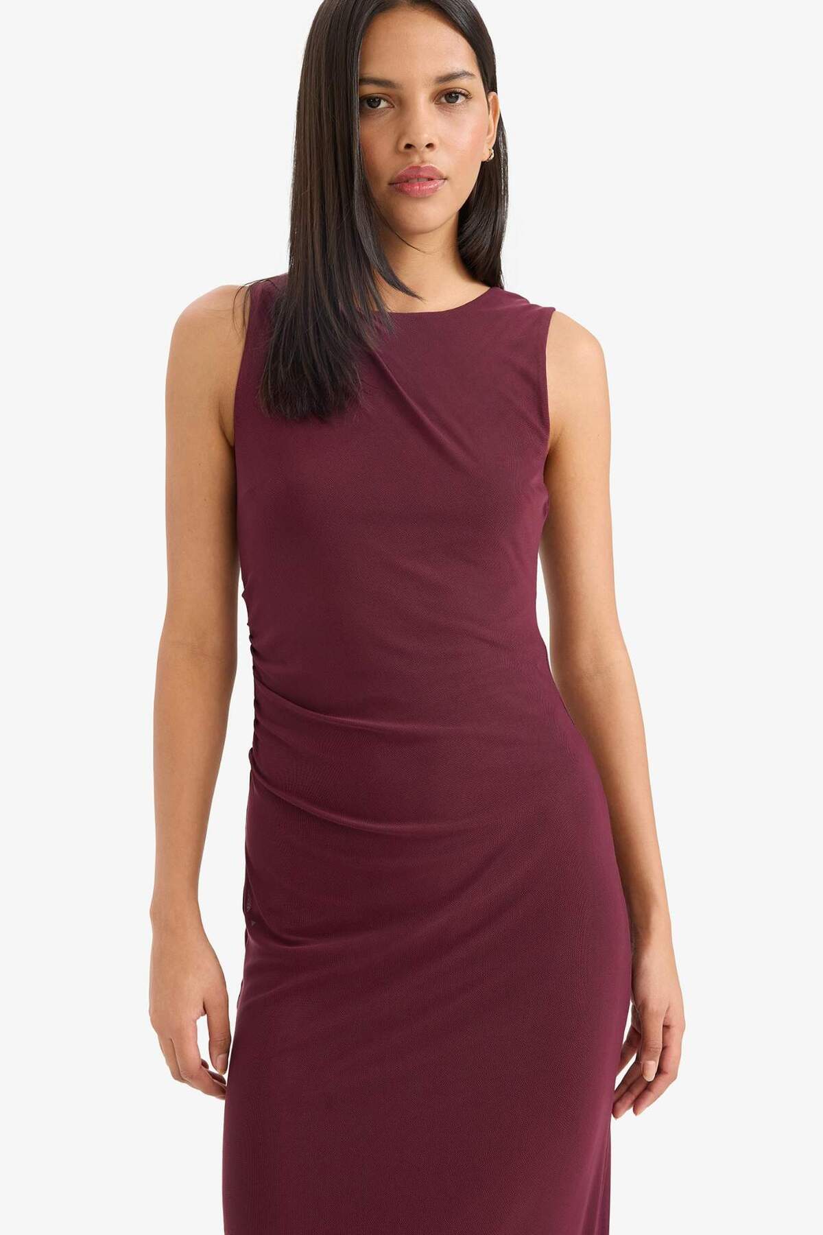 Defacto  Bodycon Vücudu Saran Yuvarlak Yaka Tül Kolsuz Midi Elbise D8036AX25AU - Görsel 5