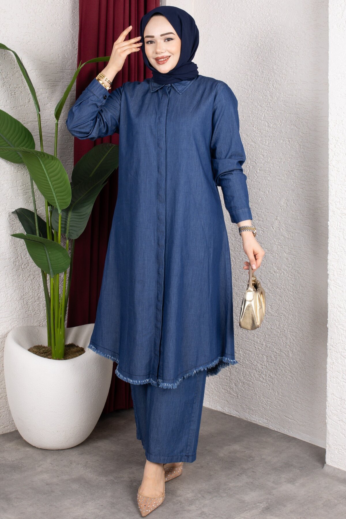 Rabia Zülal  Gömleği Püsküllü Kot Alt Üst Takım Tesettür Takım - Lacivert - Görsel 5