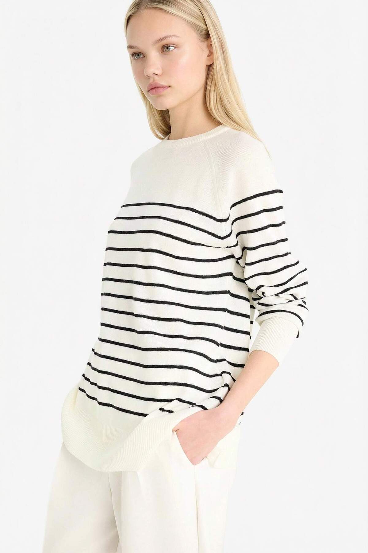 Defacto  Regular Fit Bisiklet Yaka Çizgili Triko Kazak E8486AX25WN