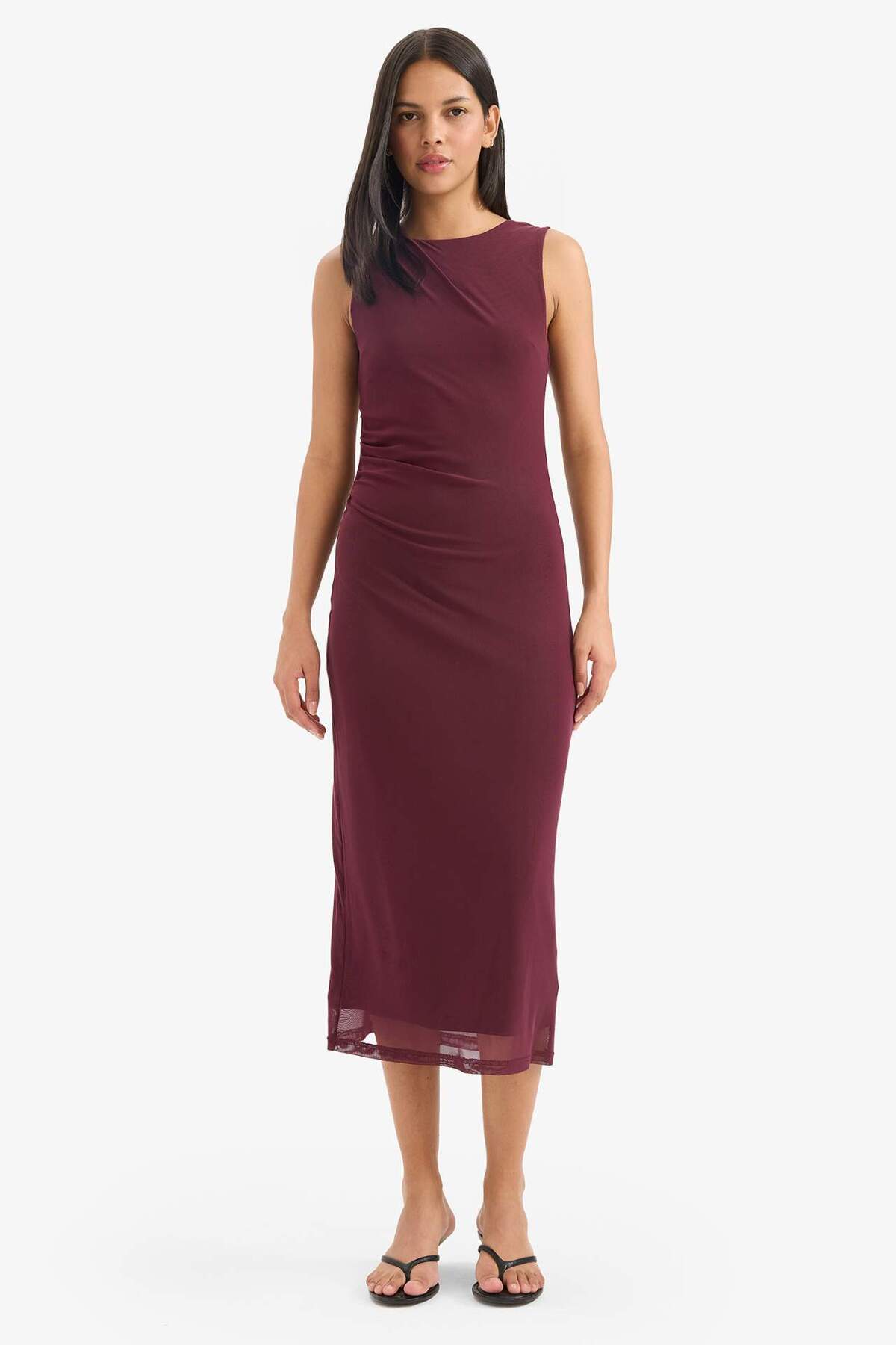 Defacto  Bodycon Vücudu Saran Yuvarlak Yaka Tül Kolsuz Midi Elbise D8036AX25AU - Görsel 3