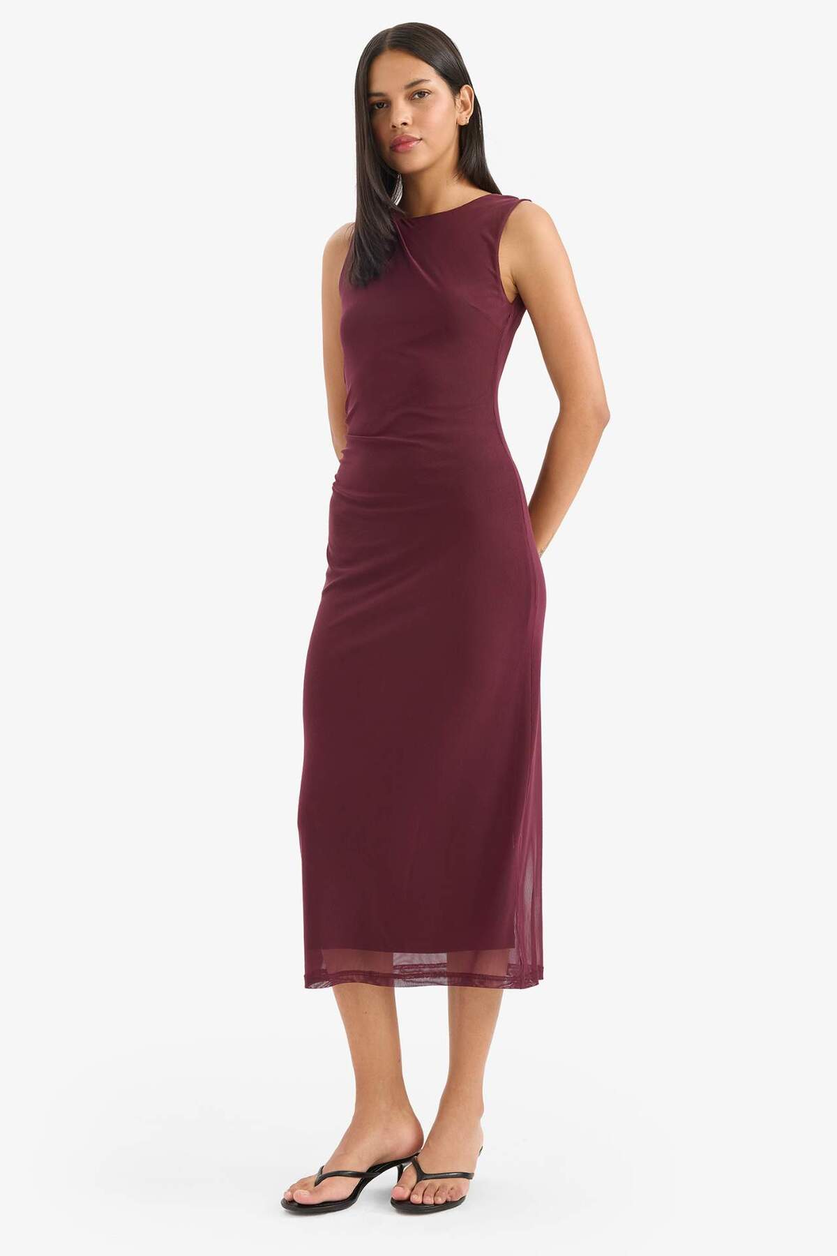 Defacto  Bodycon Vücudu Saran Yuvarlak Yaka Tül Kolsuz Midi Elbise D8036AX25AU - Görsel 2