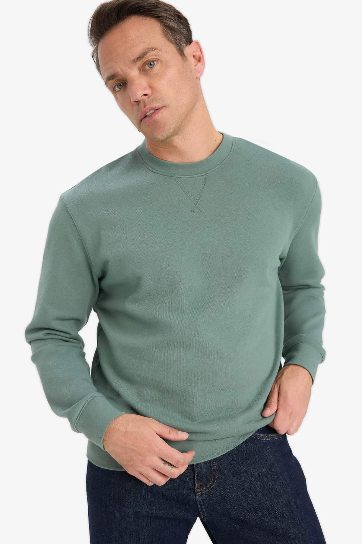 %100 Pamuk Regular Fit Basic Sweatshirt E8339AX25AU — خاکی — تصویر 3 از 5