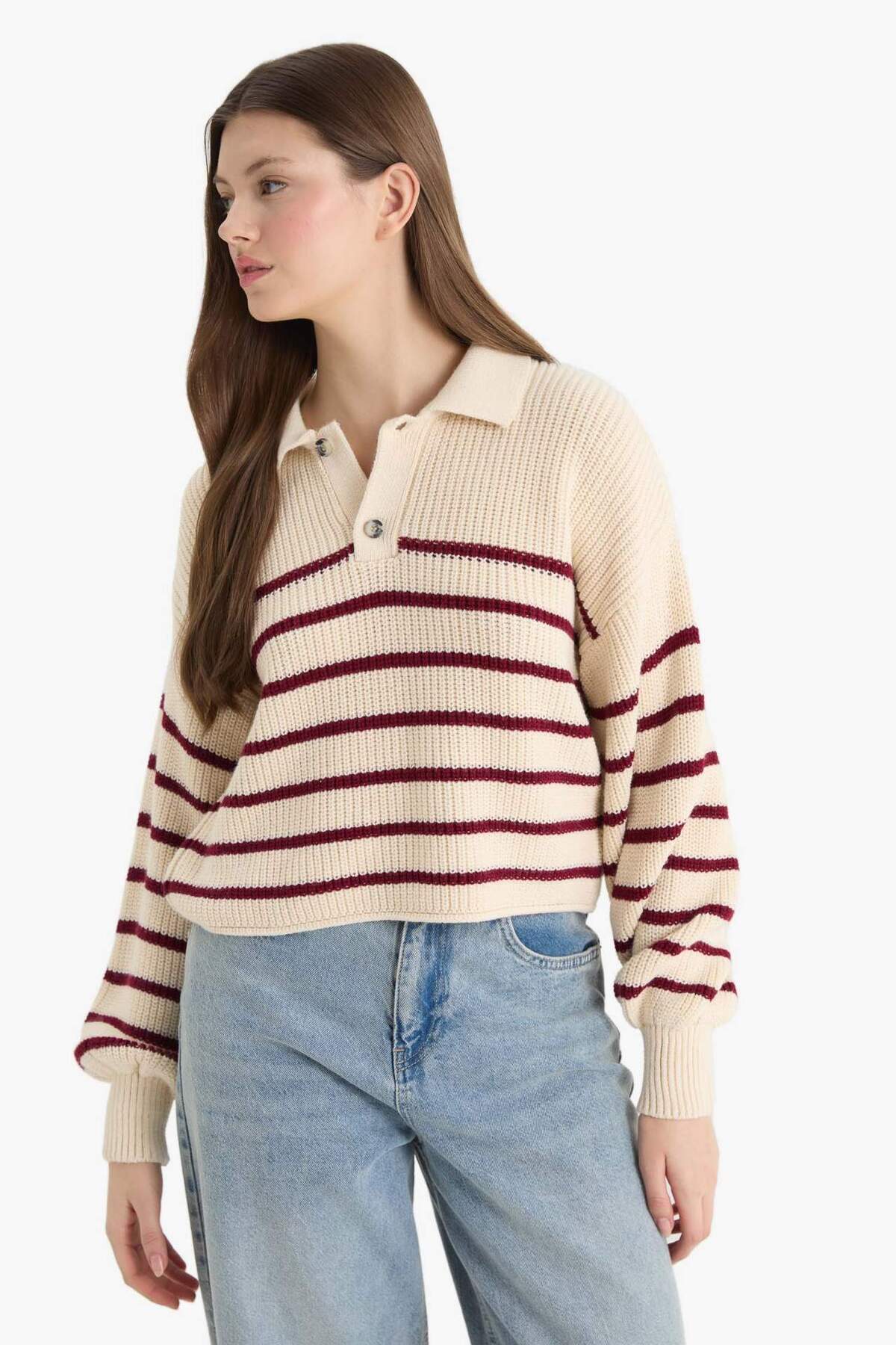 Defacto  Relax Fit Polo Yaka Yarım Düğmeli Çizgili Triko Kazak C4918AX25WN - Görsel 4