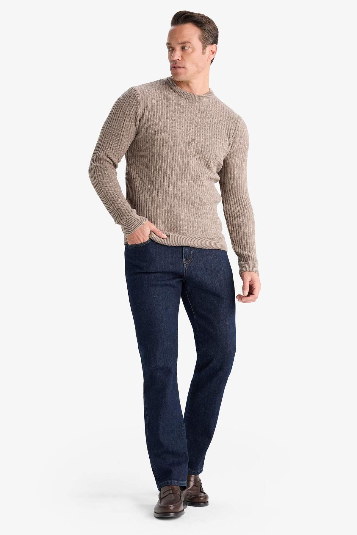 DeFacto Standart Fit Bisiklet Yaka Basic Dokulu Triko Kazak E0811AX25WN görsel 2