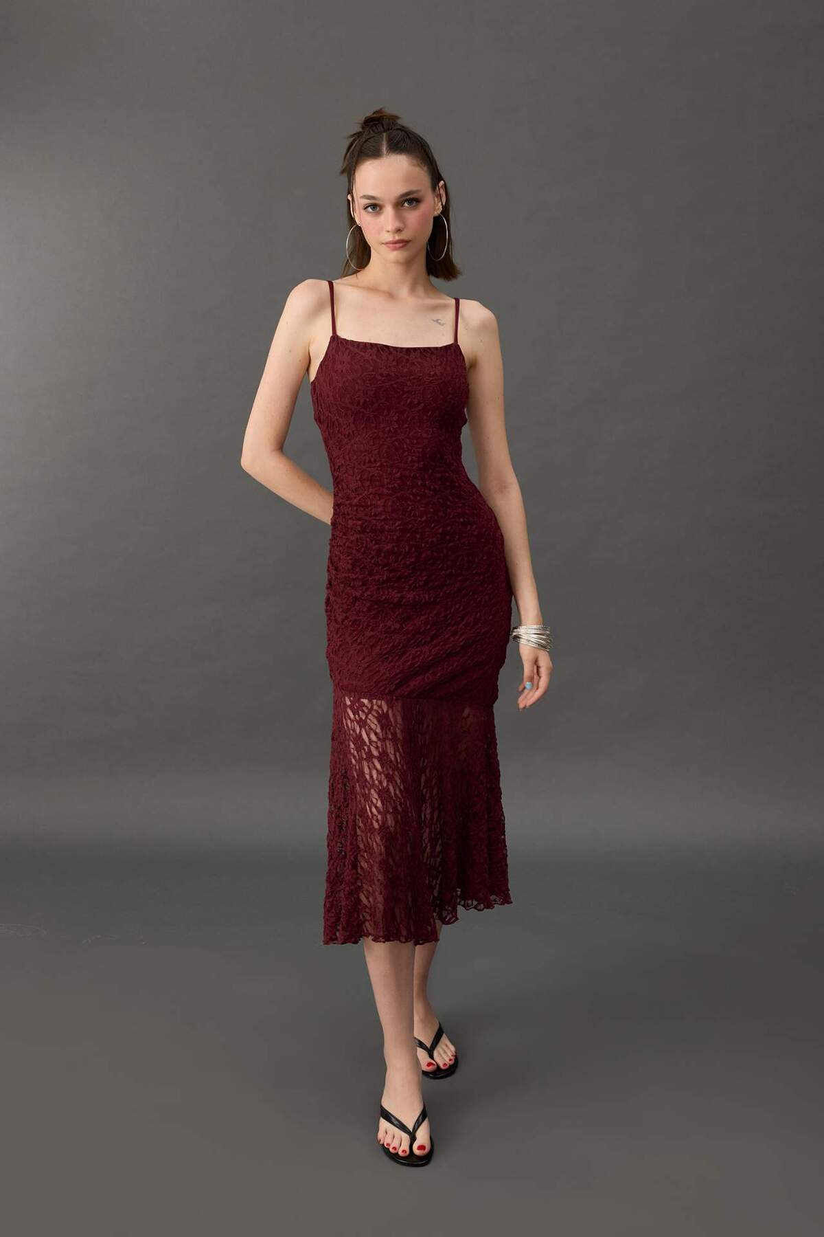 Defacto Bodycon Body Hugging Strap Lace Midi Dress F7886Ax25Au- Trendyol
