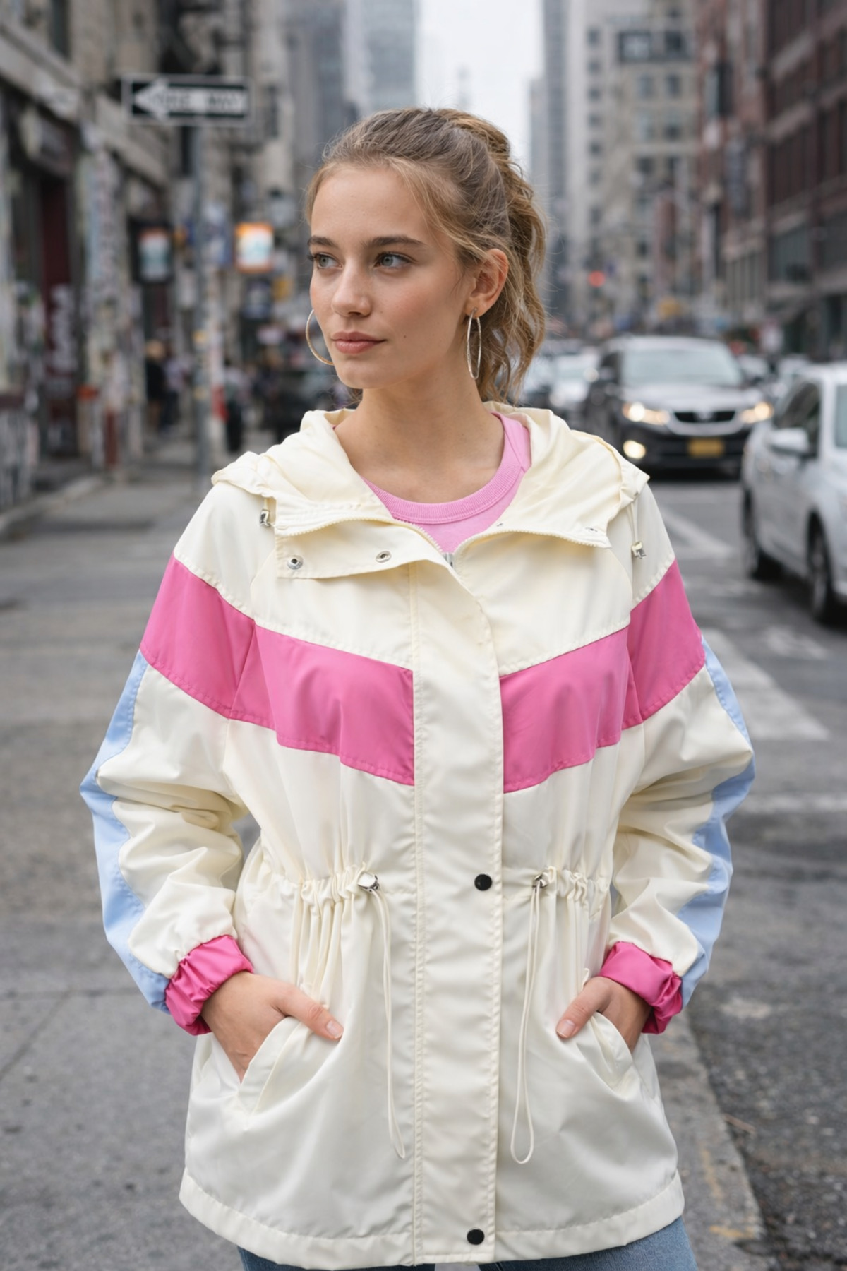 İLKCET MODA  Renk Bloklu Oversize Kadın Yağmurluk