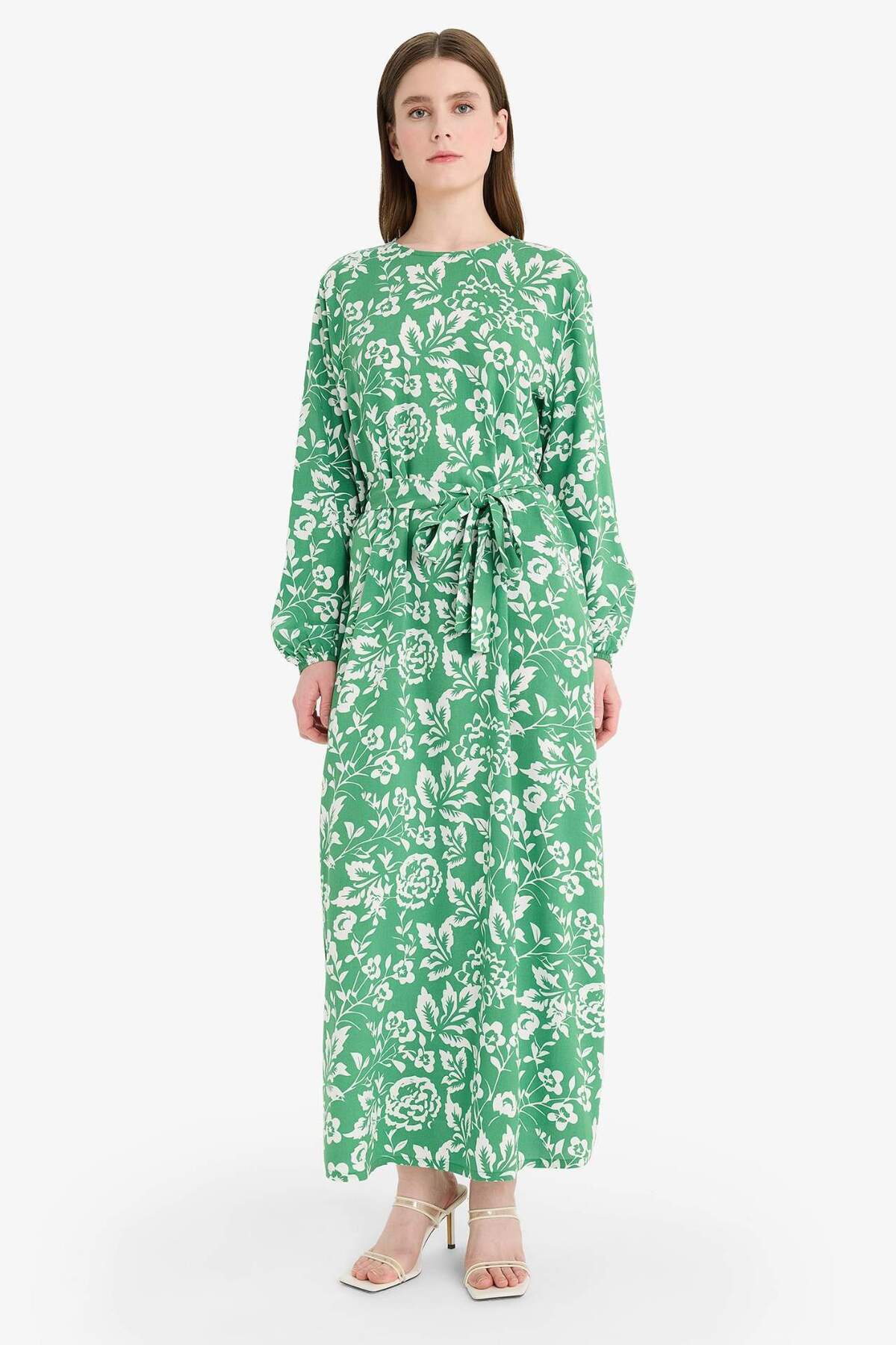 Regular Fit Crew Neck Patterned Belted Long Sleeve Maxi Dress D9835AX25SM