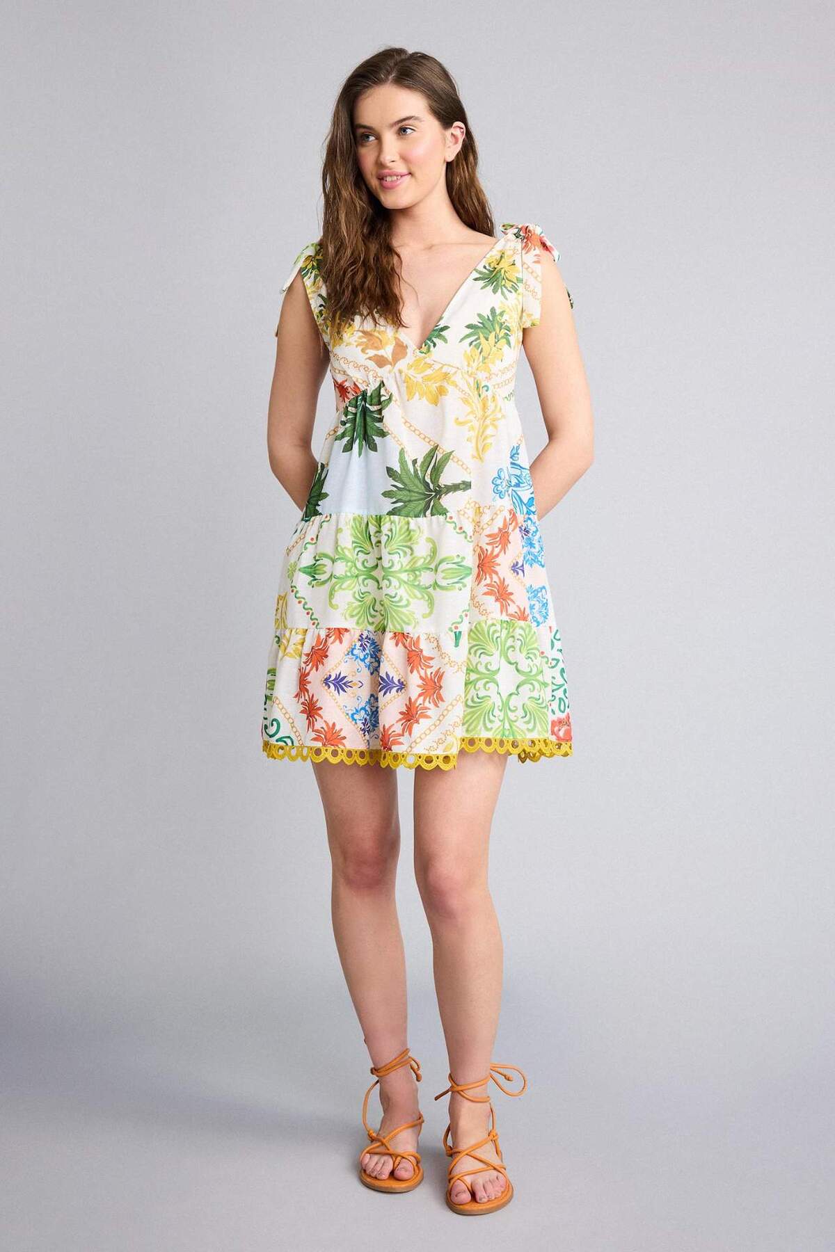 Regular Fit Tropical Patterned Strappy Beach Dress-Fall in Love F4535AX25HS