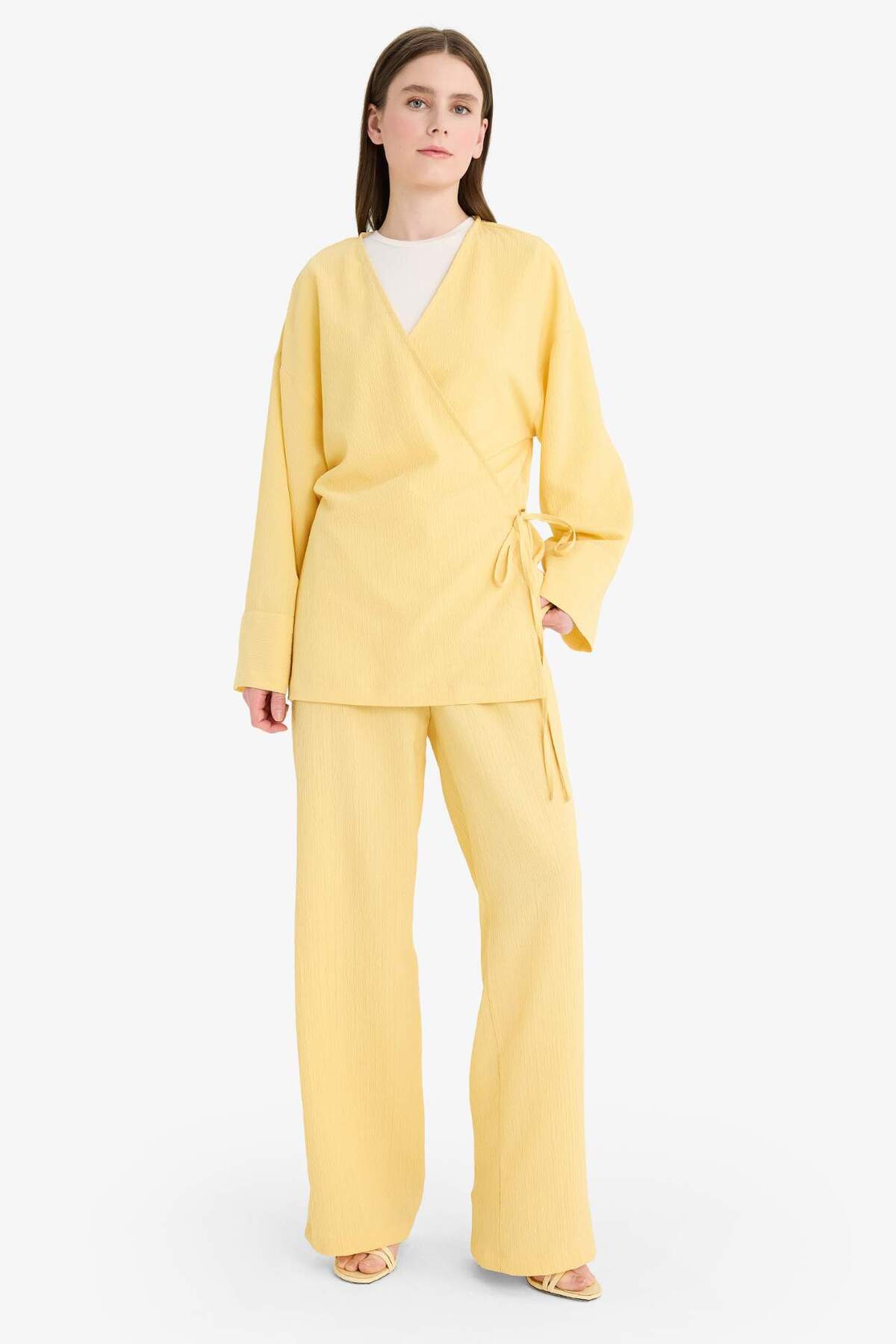 Defacto Relax Fit 2-Piece Set Waffle Textured Long Sleeve Kimono Pants F4095Ax25Sm