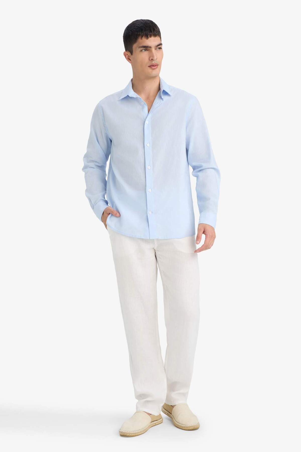 Regular Fit Polo Yaka Keten Karışımlı Yazlık Uzun Kollu Gömlek E0518AX25SM — آبی — تصویر 2 از 5