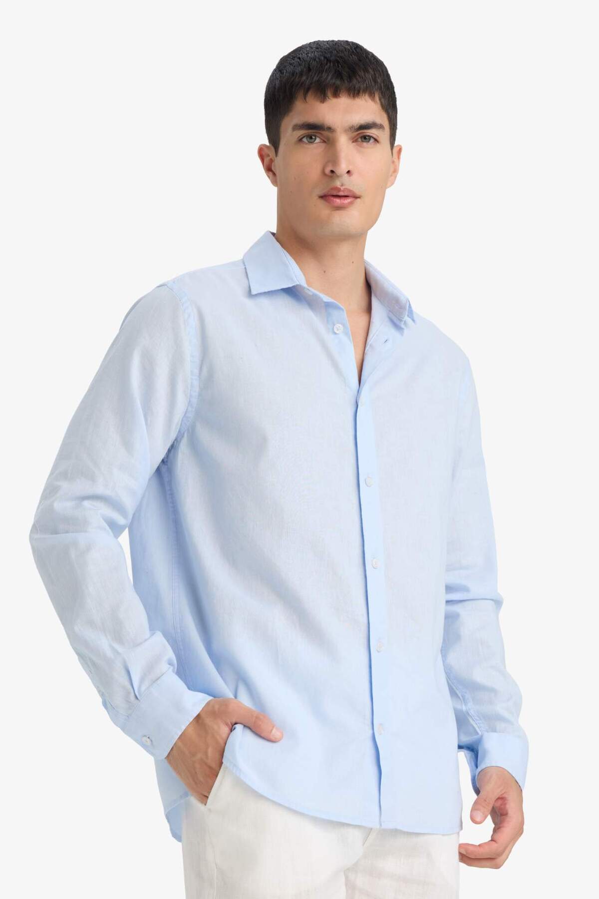 Regular Fit Polo Yaka Keten Karışımlı Yazlık Uzun Kollu Gömlek E0518AX25SM — آبی — تصویر 3 از 5