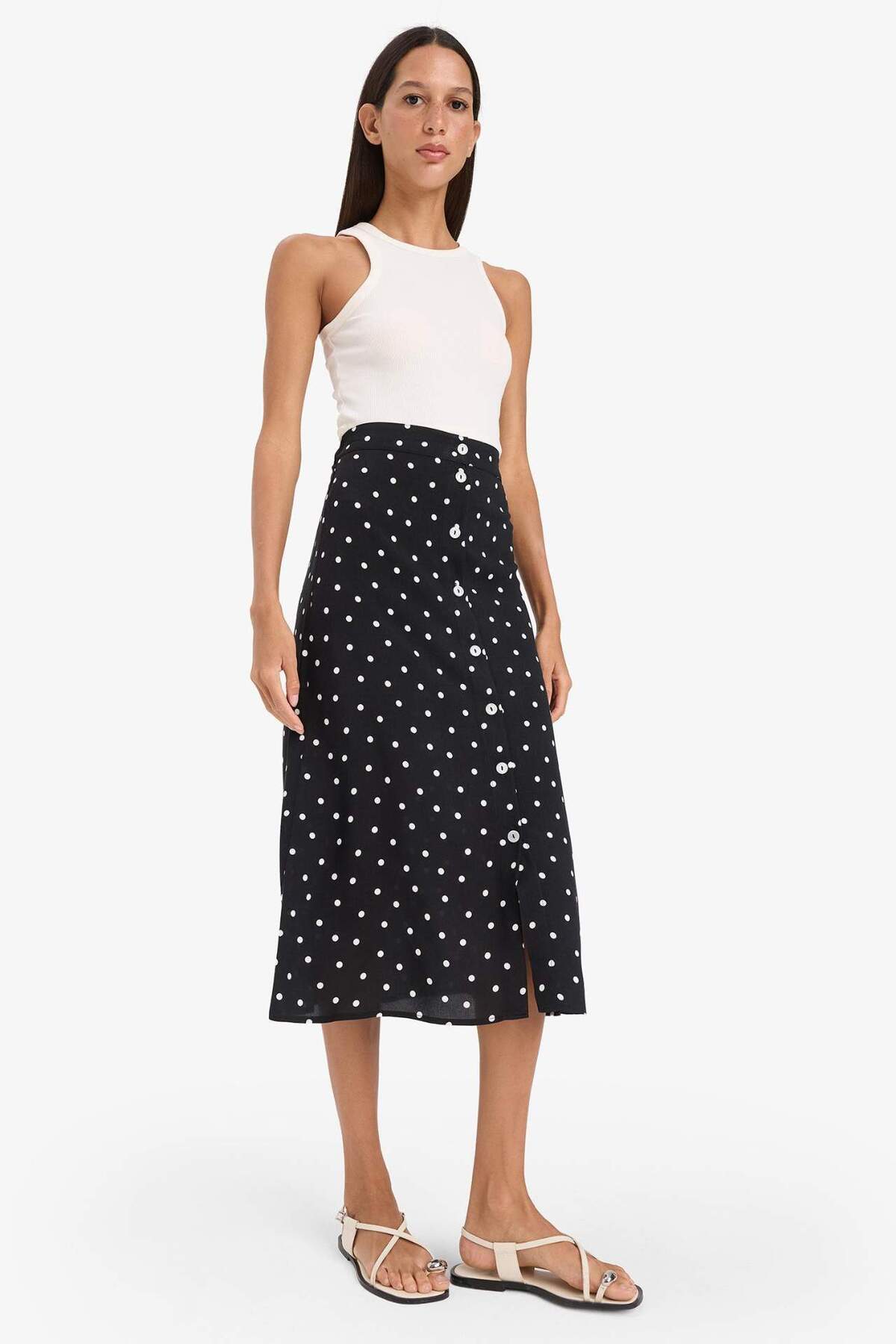 Defacto  A Form Puantiyeli Düğmeli Normal Bel Midi Etek Z8094AZ25SM - Görsel 2