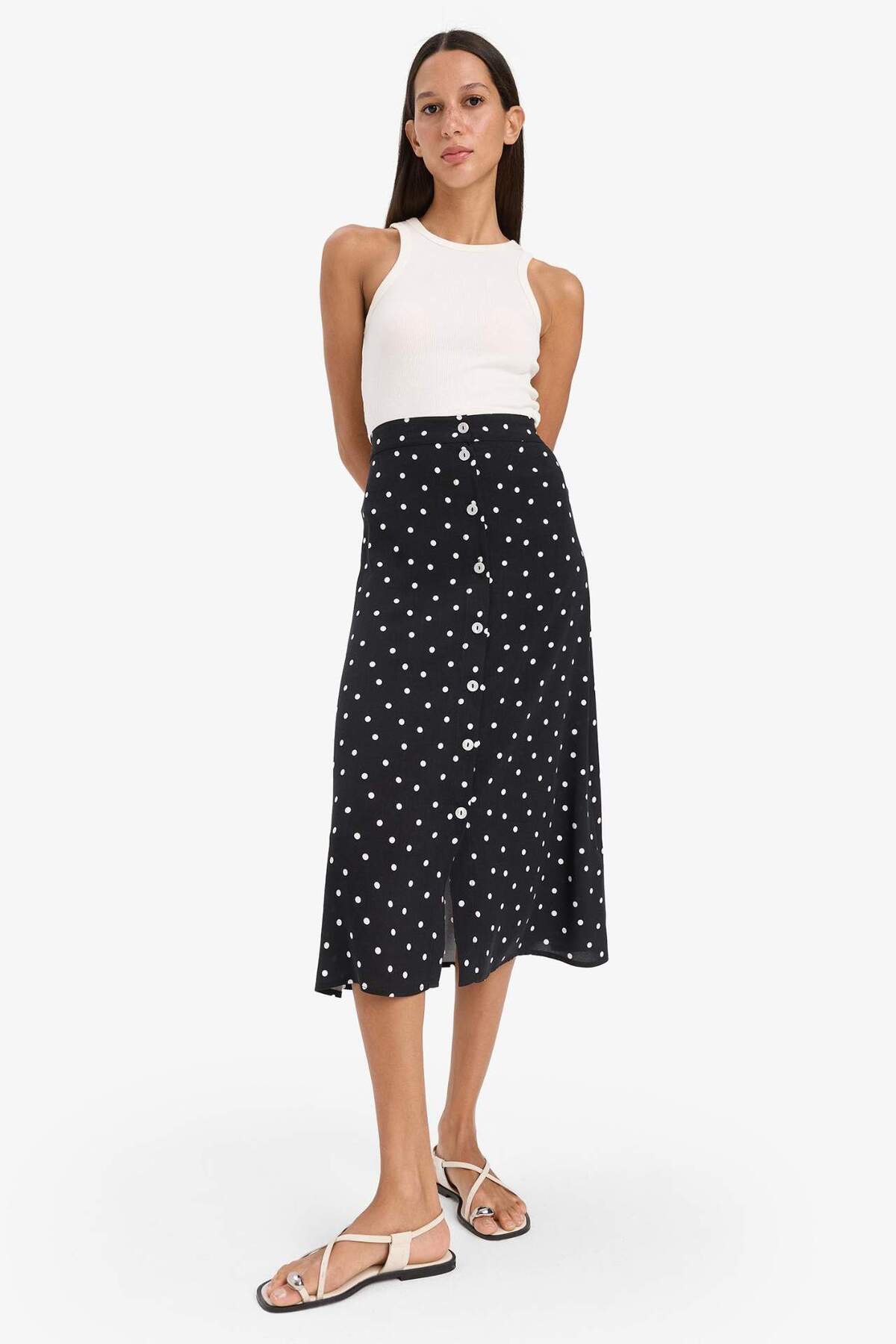Defacto  A Form Puantiyeli Düğmeli Normal Bel Midi Etek Z8094AZ25SM - Görsel 3