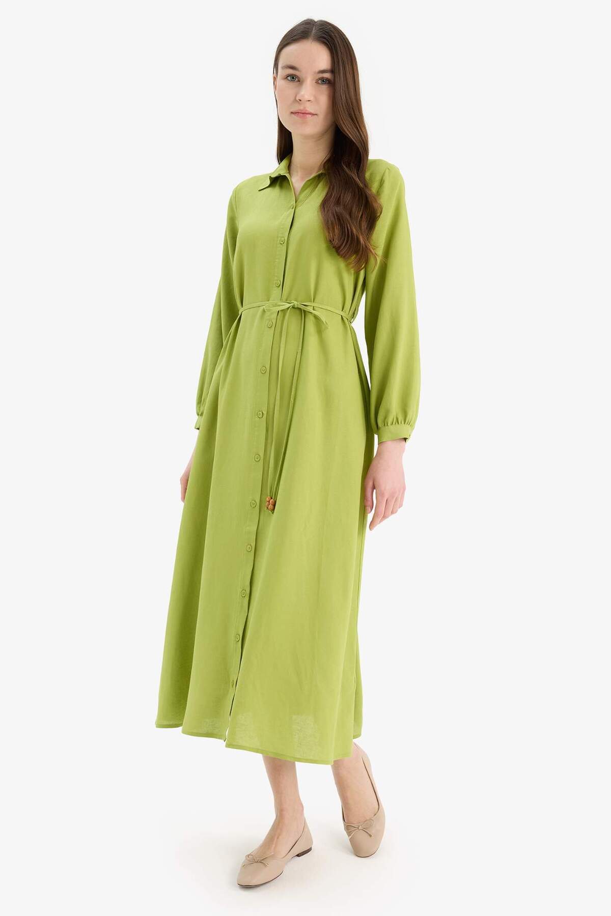 Defacto Shirt Collar Belted Linen Blend Long Sleeve Maxi Dress D8185Ax25Sp