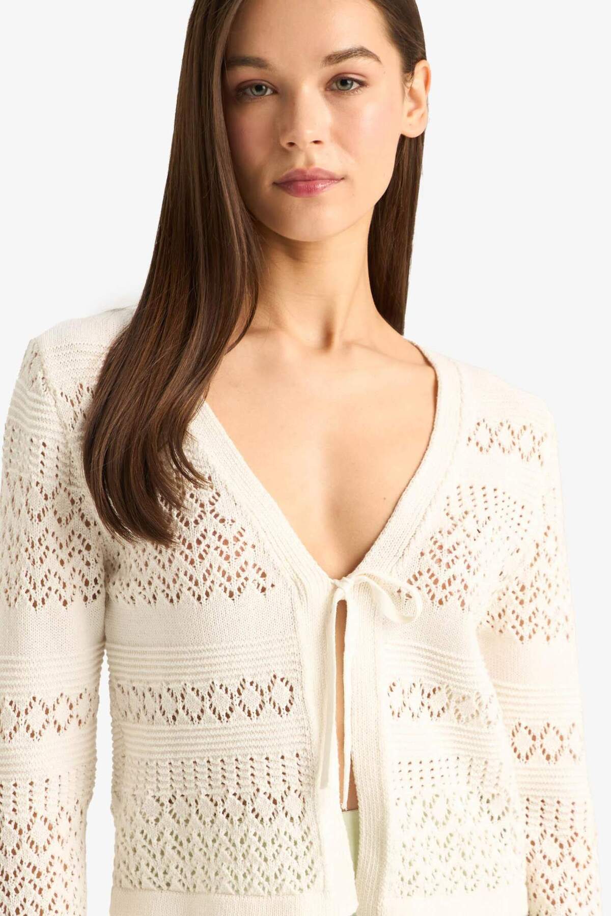 Defacto  V Yaka Bağcıklı Kroşe Triko Hırka F1753AX25SM - Görsel 4