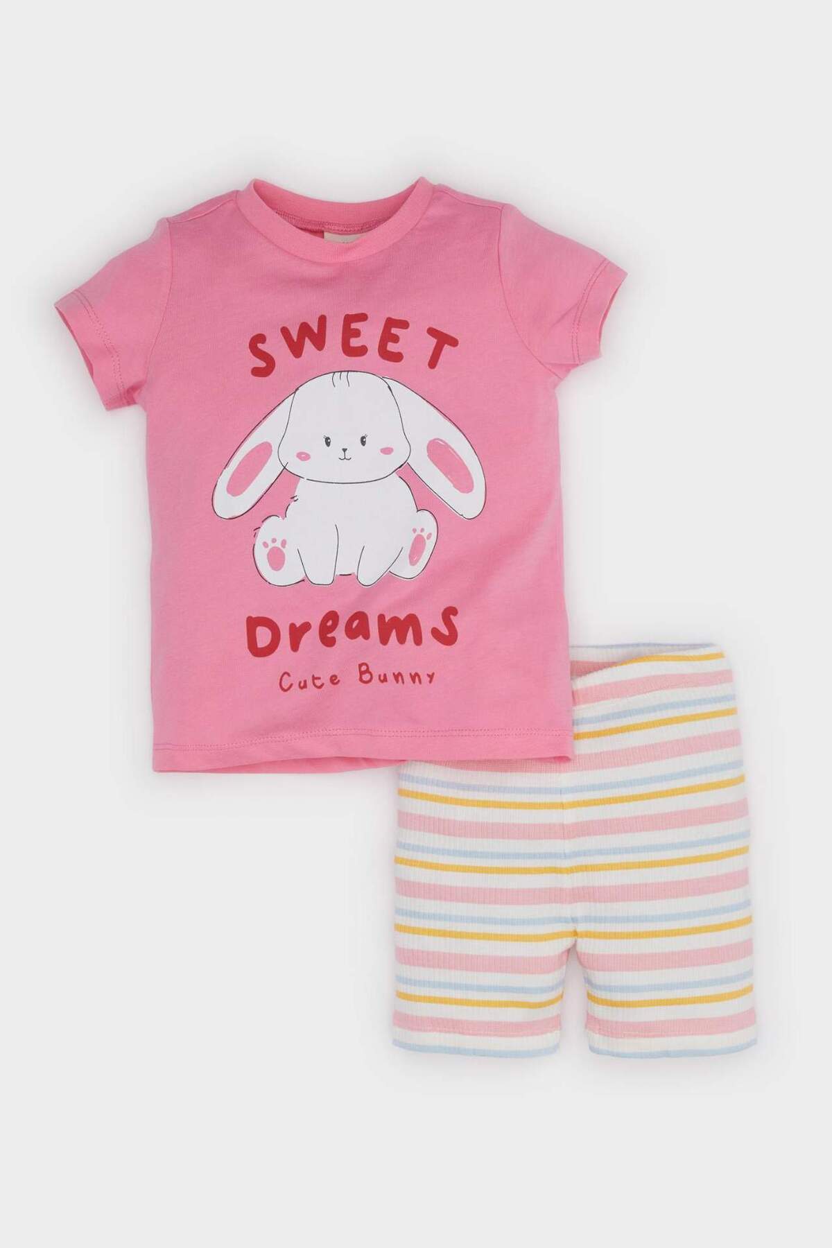 Defacto Pijama Takımı Baskılı Kısa Kollu Fitilli Kaşkorse Üst Beli Lastikli Çizgili Şort Kız Bebek E4646A525 fotoğrafı 5 (önizleme)