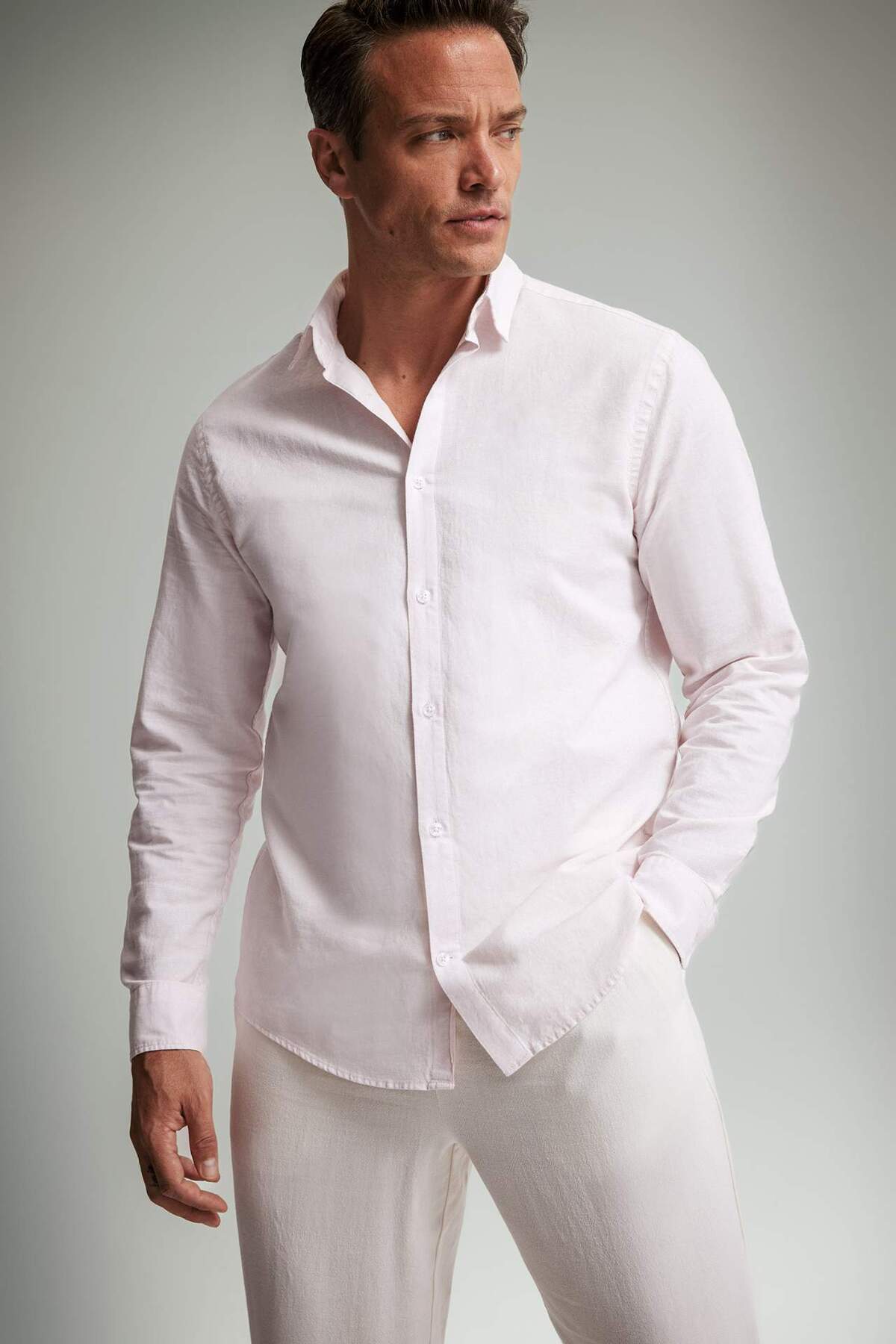 Defacto Regular Fit Polo Collar Linen Summer Long Sleeve Shirt E1729Ax25Sp