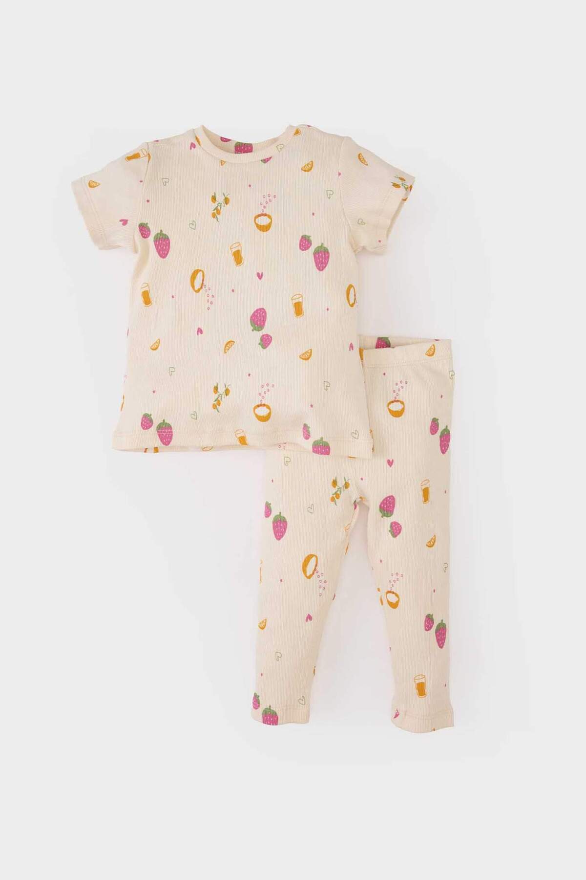 Defacto Pijama Takımı Meyve Baskılı Fitilli Kaşkorse Kısa Kollu Üst Beli Lastikli Uzun Alt Kız Bebek E1544A5 fotoğrafı 3 (önizleme)