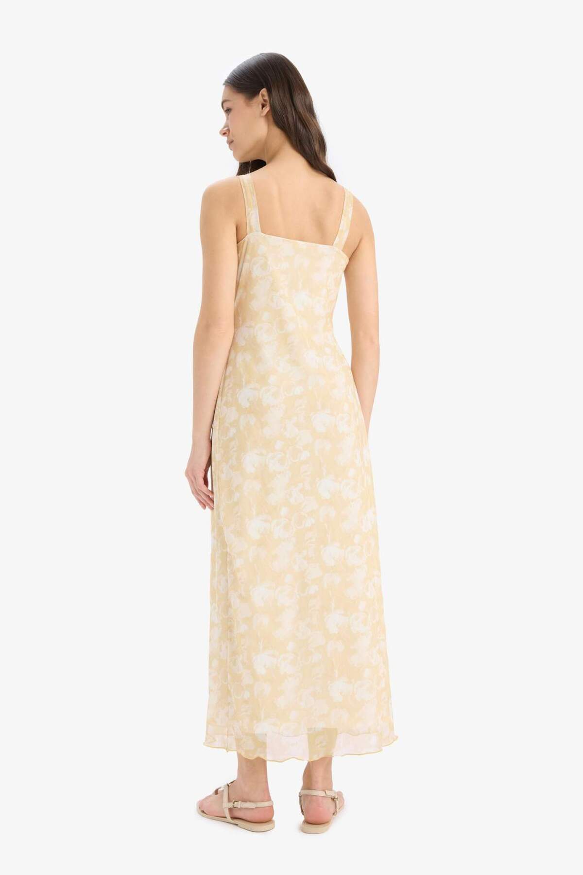 Defacto  Bodycon Vücudu Saran Desenli Tül Askılı Midi Elbise E6809AX25SP - Görsel 7