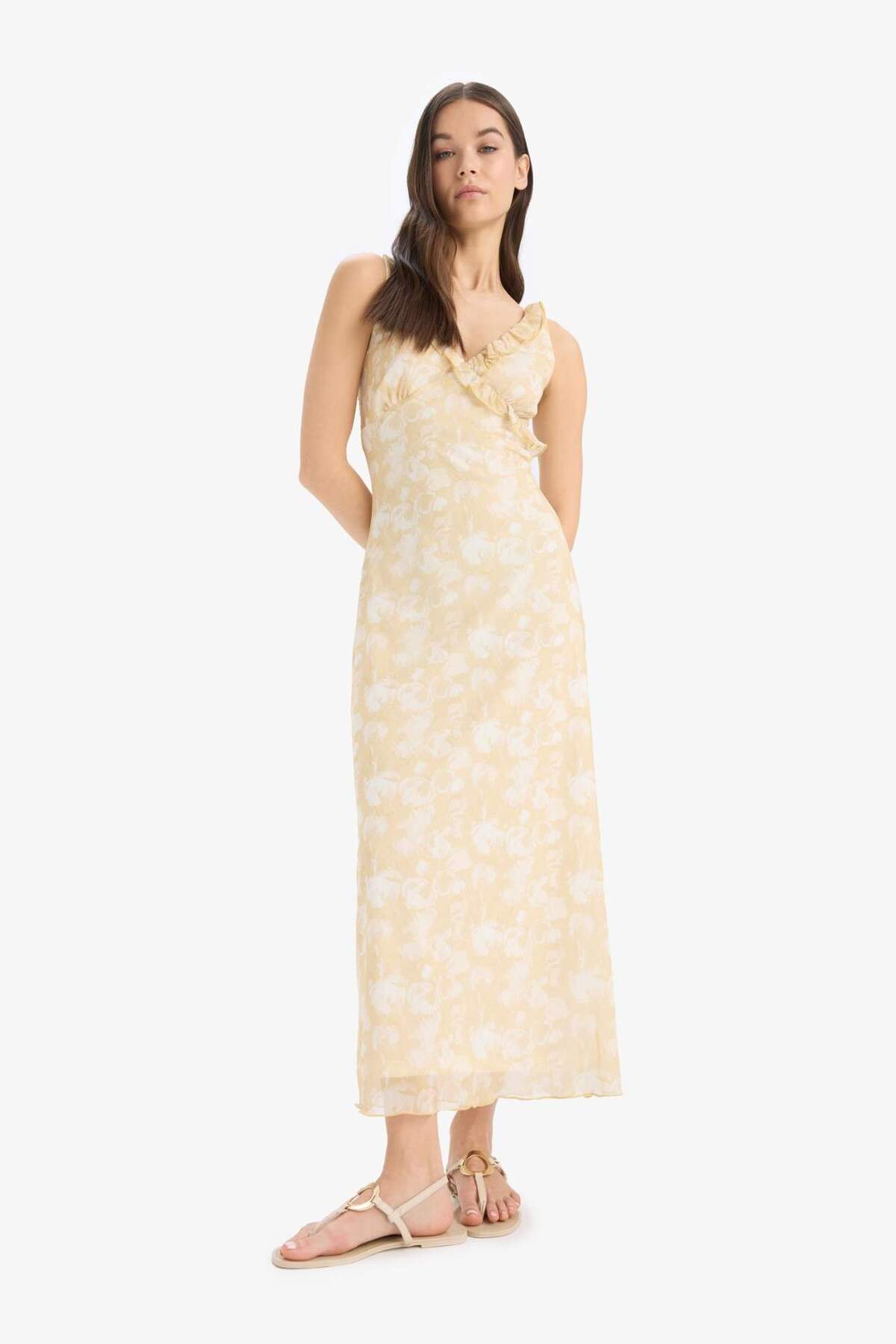 Defacto  Bodycon Vücudu Saran Desenli Tül Askılı Midi Elbise E6809AX25SP - Görsel 2