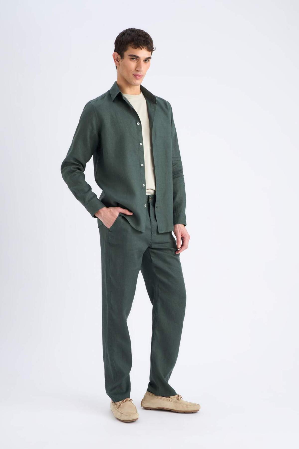 %100 Keten Relax Fit Düz Paça Yazlık Pantolon C1117AX25SP — خاکی C1117AX25SPBK81-218052 — تصویر 2 از 6