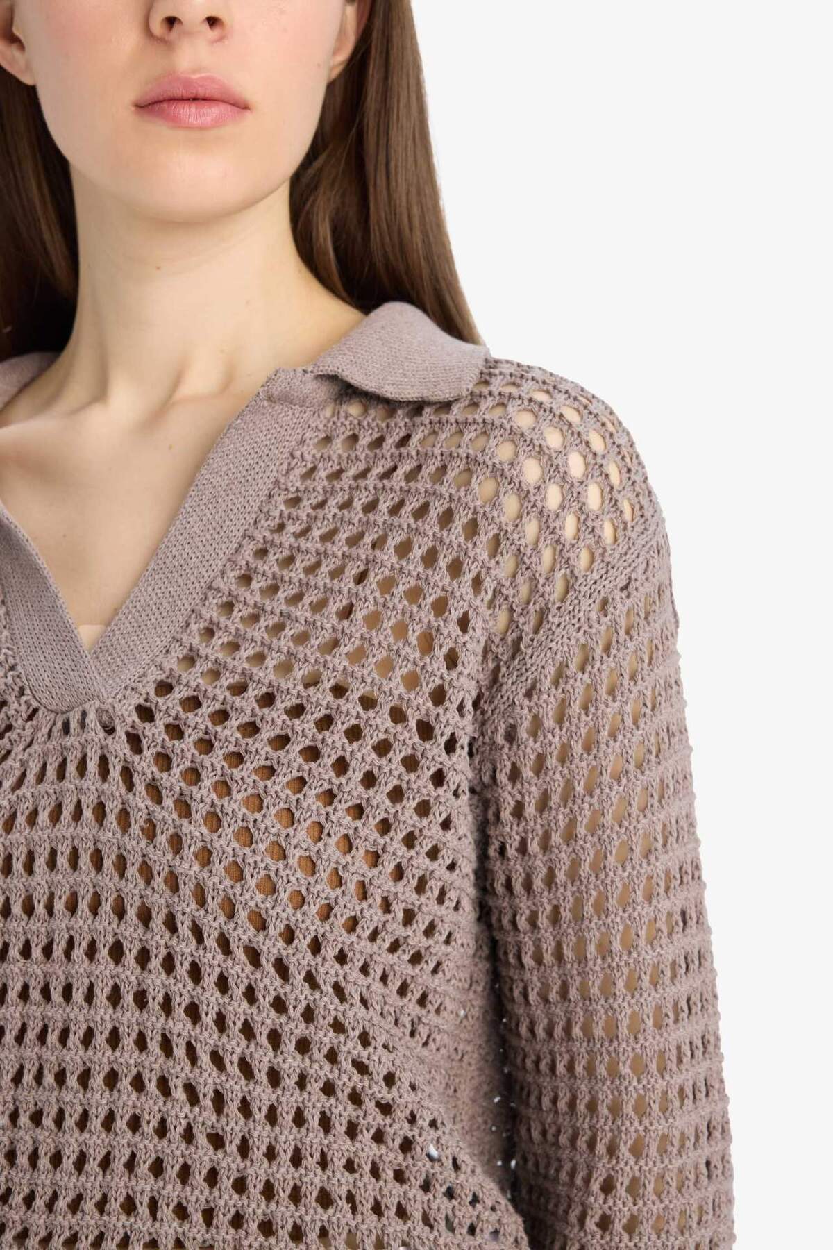 Defacto  Relax Fit Polo Yaka Basıc Ajurlu Triko Kazak E7025AX25SM - Görsel 5