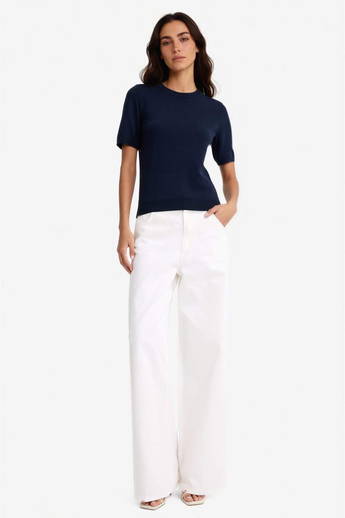 Defacto  Regular Fit Basic Düz Bisiklet Yaka Kısa Kollu Triko Kazak E6810AX25SP - Görsel 2