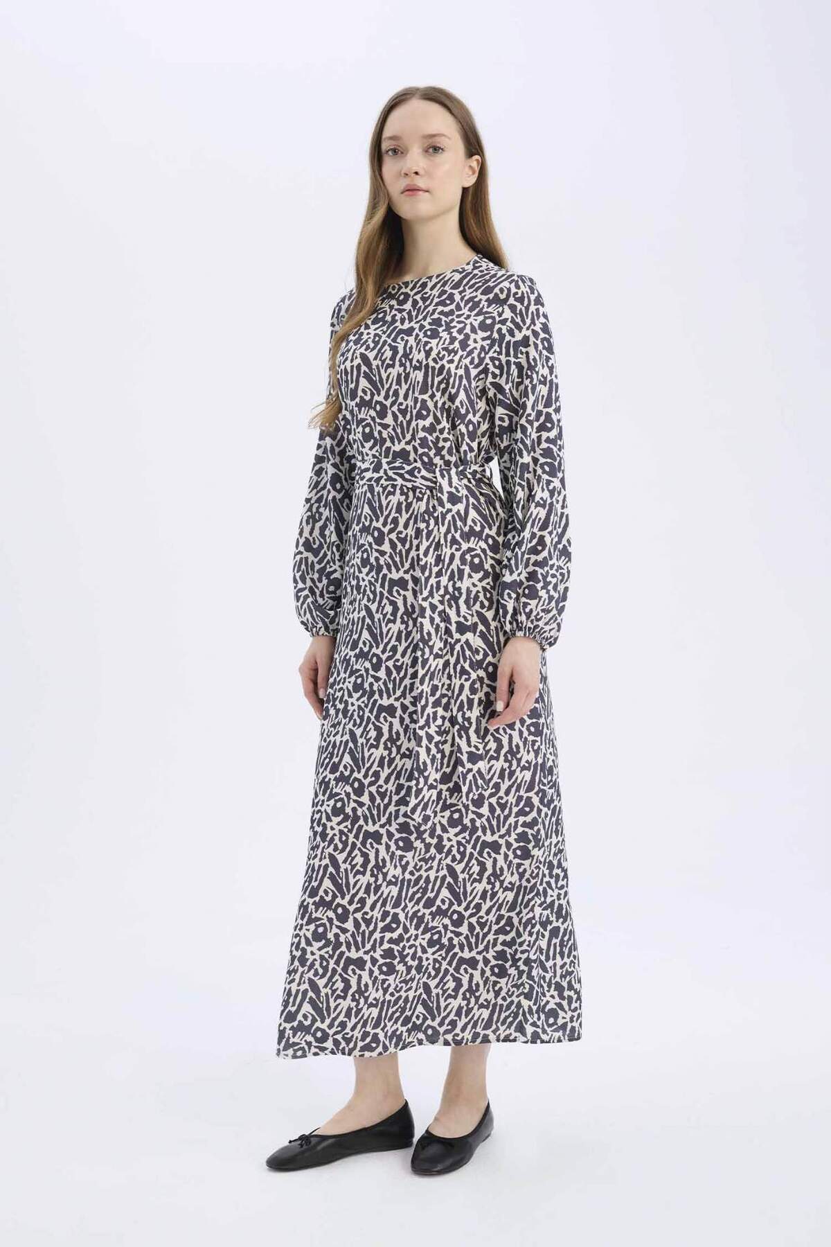 Regular Fit Crew Neck Patterned Belted Long Sleeve Maxi Dress D9835AX25SM