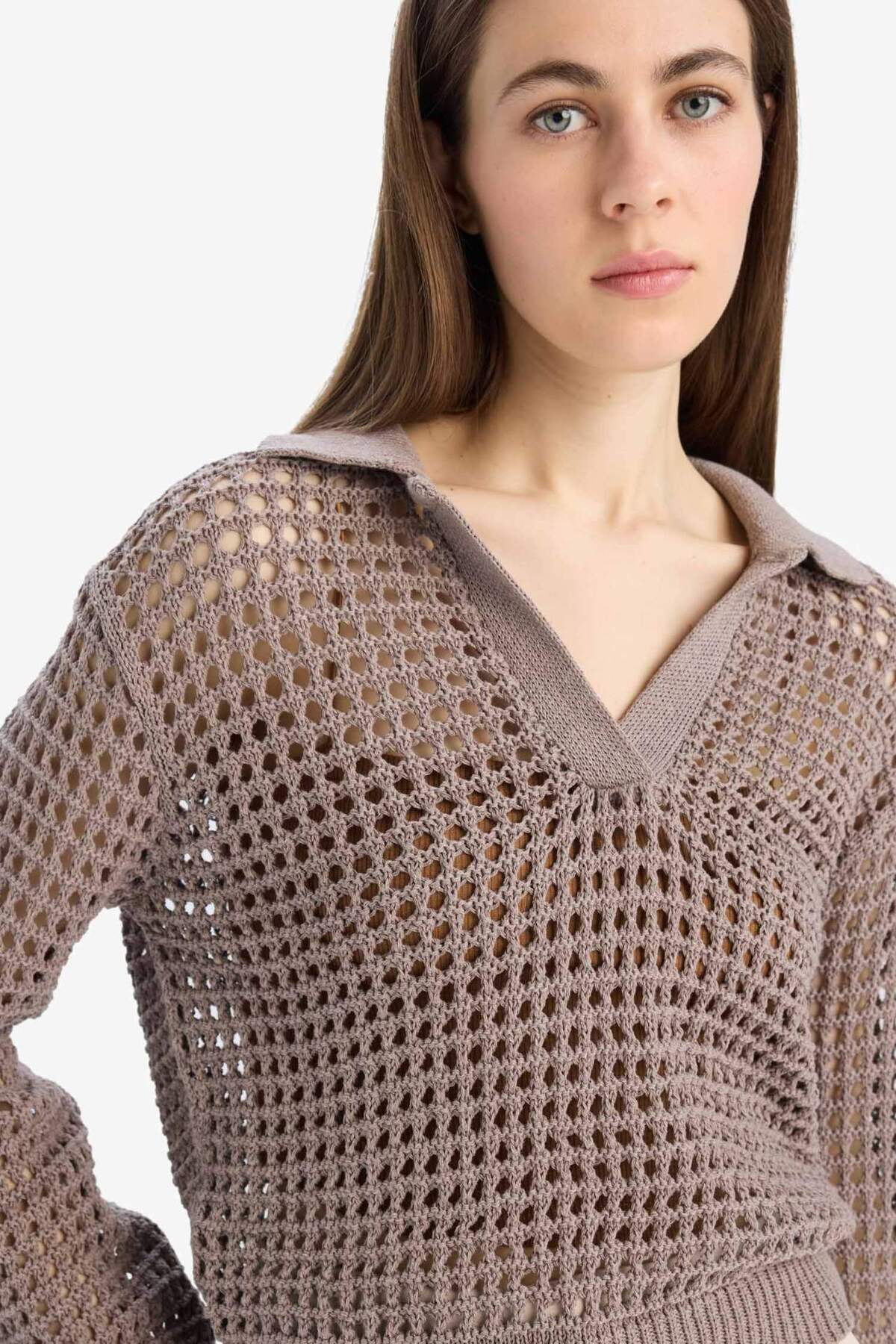 Defacto  Relax Fit Polo Yaka Basıc Ajurlu Triko Kazak E7025AX25SM - Görsel 4