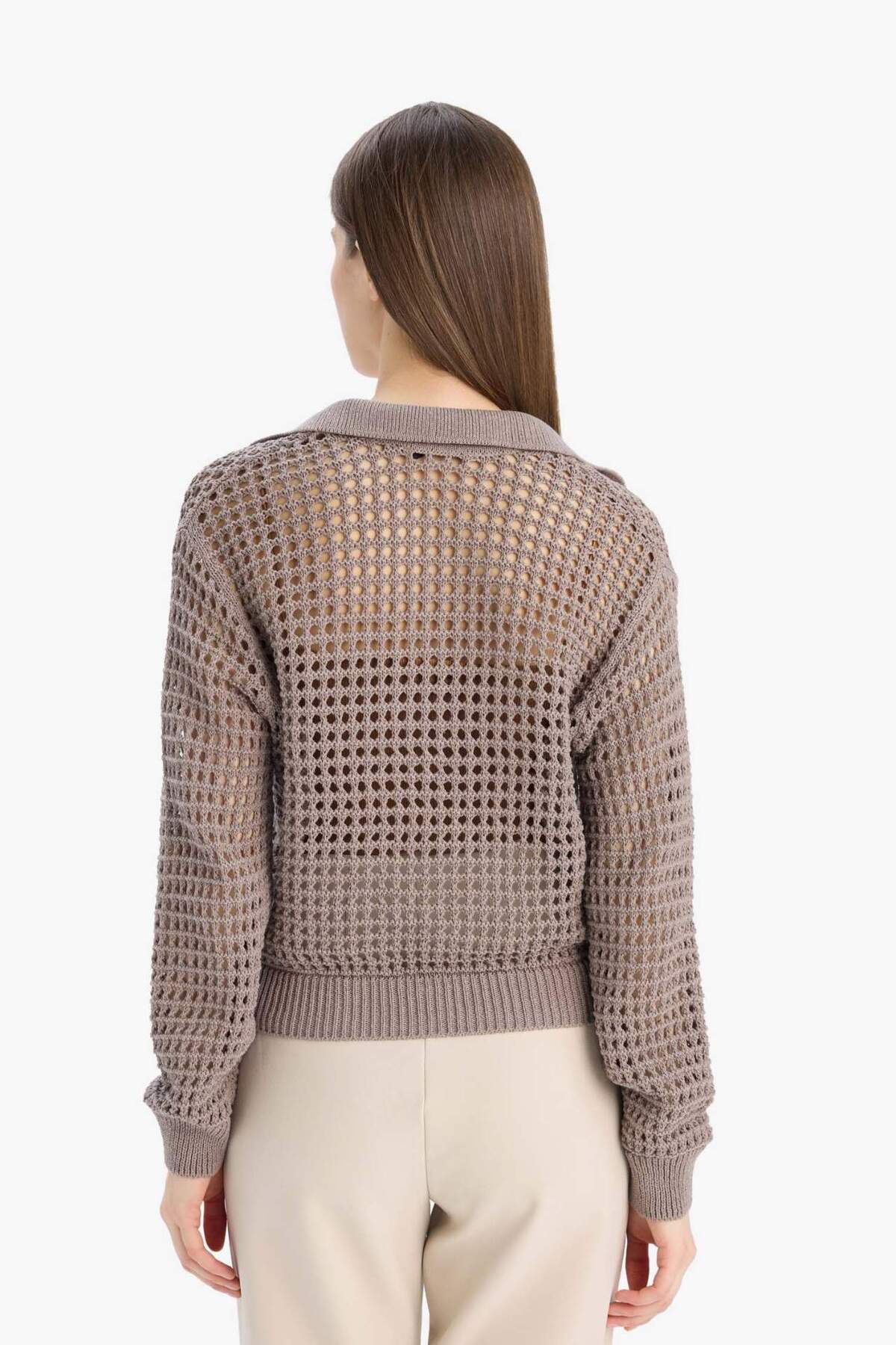 Defacto  Relax Fit Polo Yaka Basıc Ajurlu Triko Kazak E7025AX25SM - Görsel 6