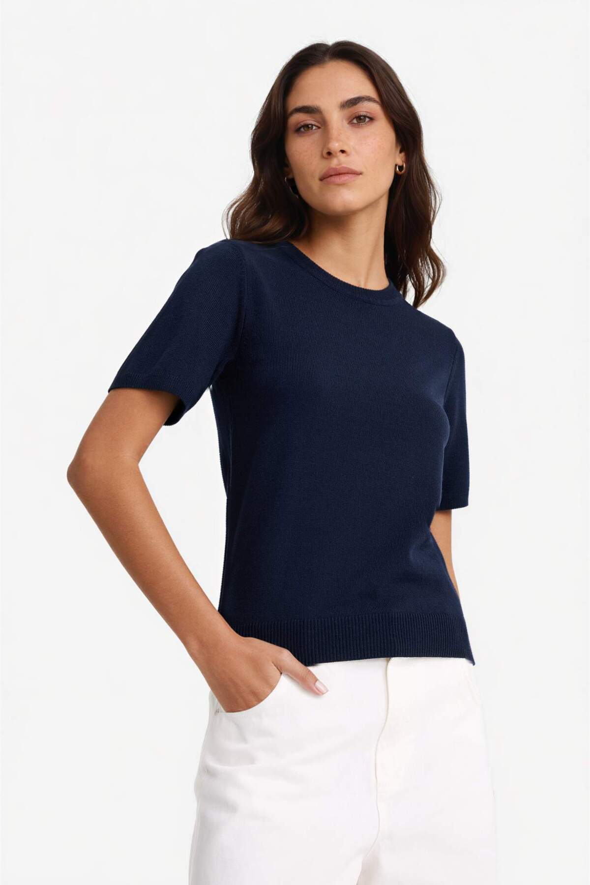 Defacto  Regular Fit Basic Düz Bisiklet Yaka Kısa Kollu Triko Kazak E6810AX25SP - Görsel 3