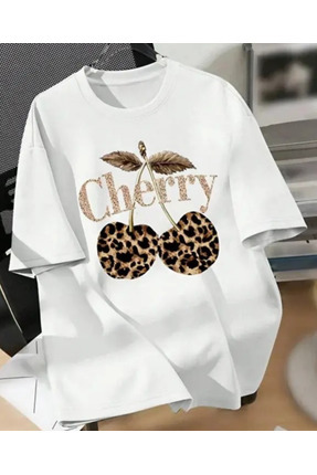 shi dumanlar giyim Oversize Bay/ Leopar Cherry Baskılı Penye Tshirt